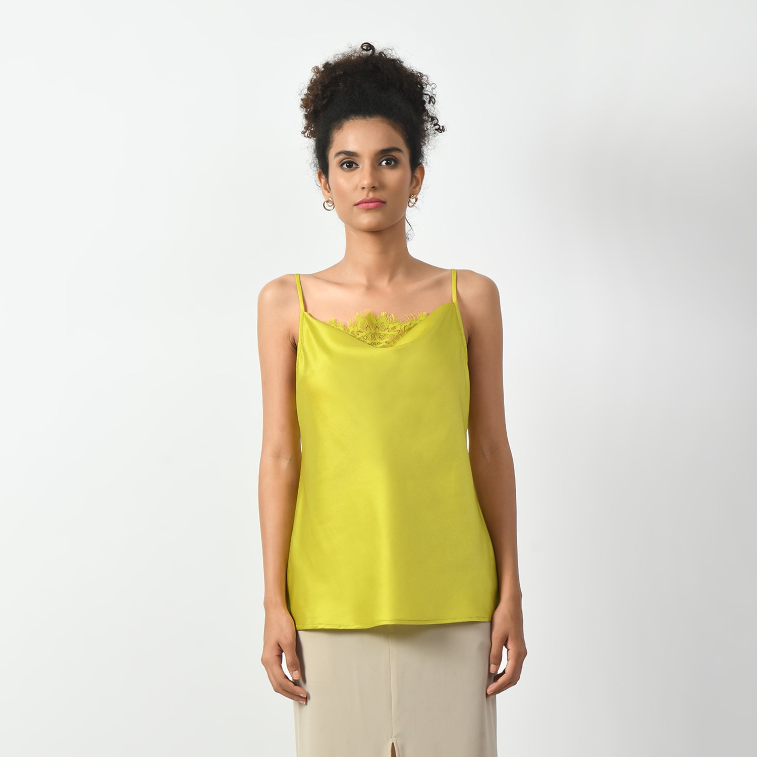 Olive Cowl Spaghetti Top With Lace