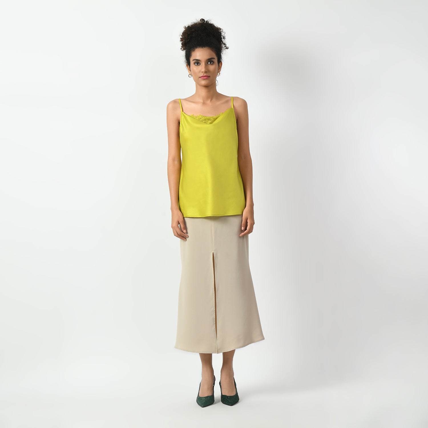 Olive Cowl Spaghetti Top With Lace, top with lace, spaghetti top with lace, office wear tops, stylish formal tops, best tops for work, elegant worktops, trendy tops for women , modern tops for office, formal tops for women, tops for women stylish