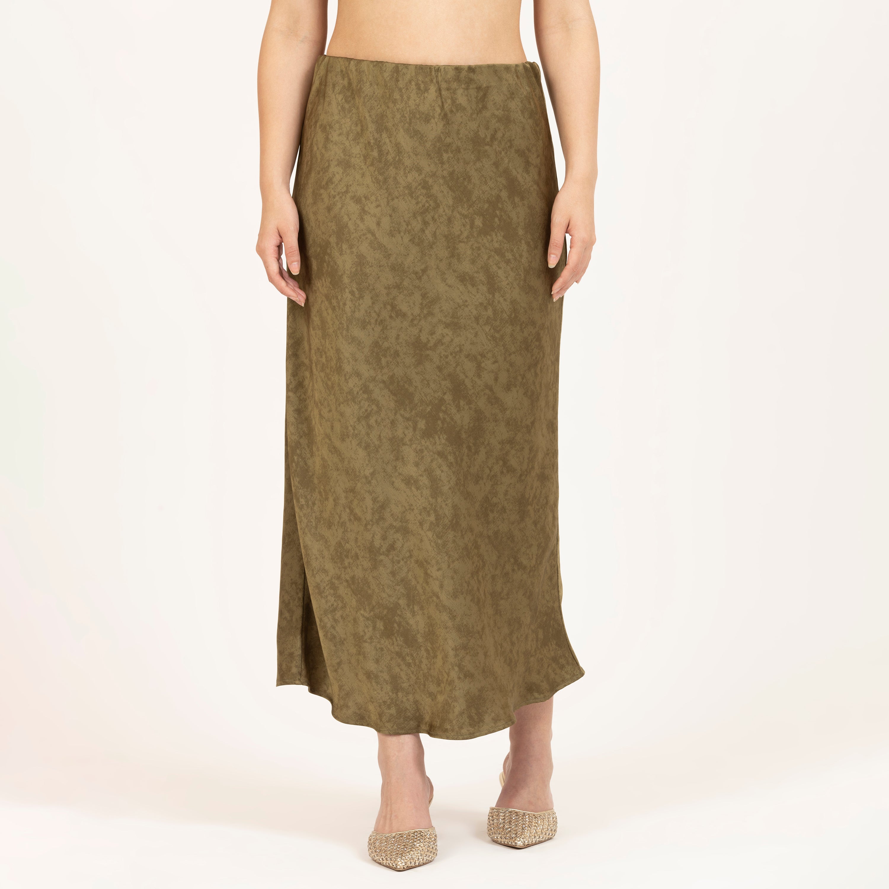 Olive Green Bias Satin Skirt, best formal skirts for women, satin skirts in india, skirts for women india, olive green skirts india, green designed skirts for women india