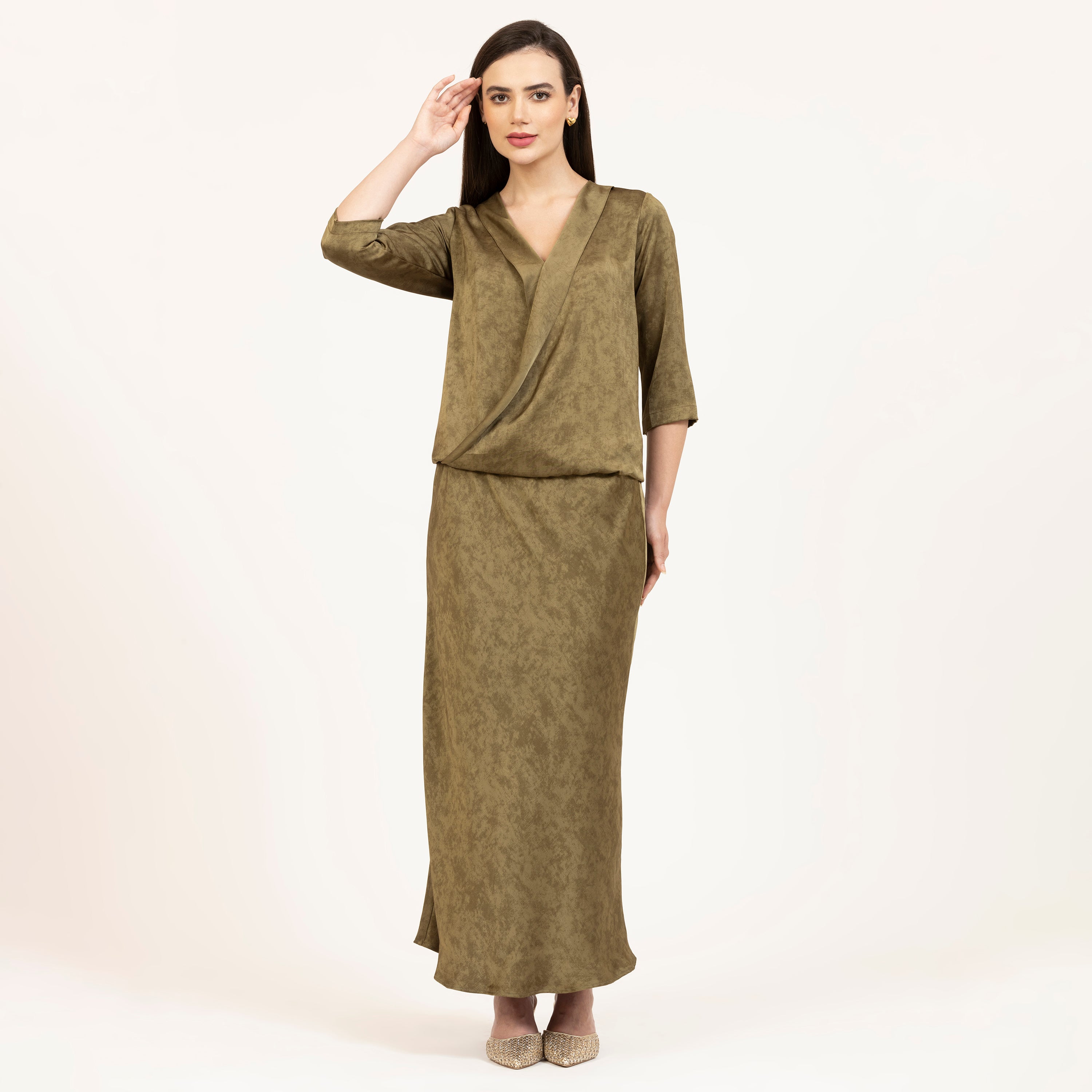 Olive Green Bias Satin Skirt, best formal skirts for women, satin skirts in india, skirts for women india, olive green skirts india, green designed skirts for women india