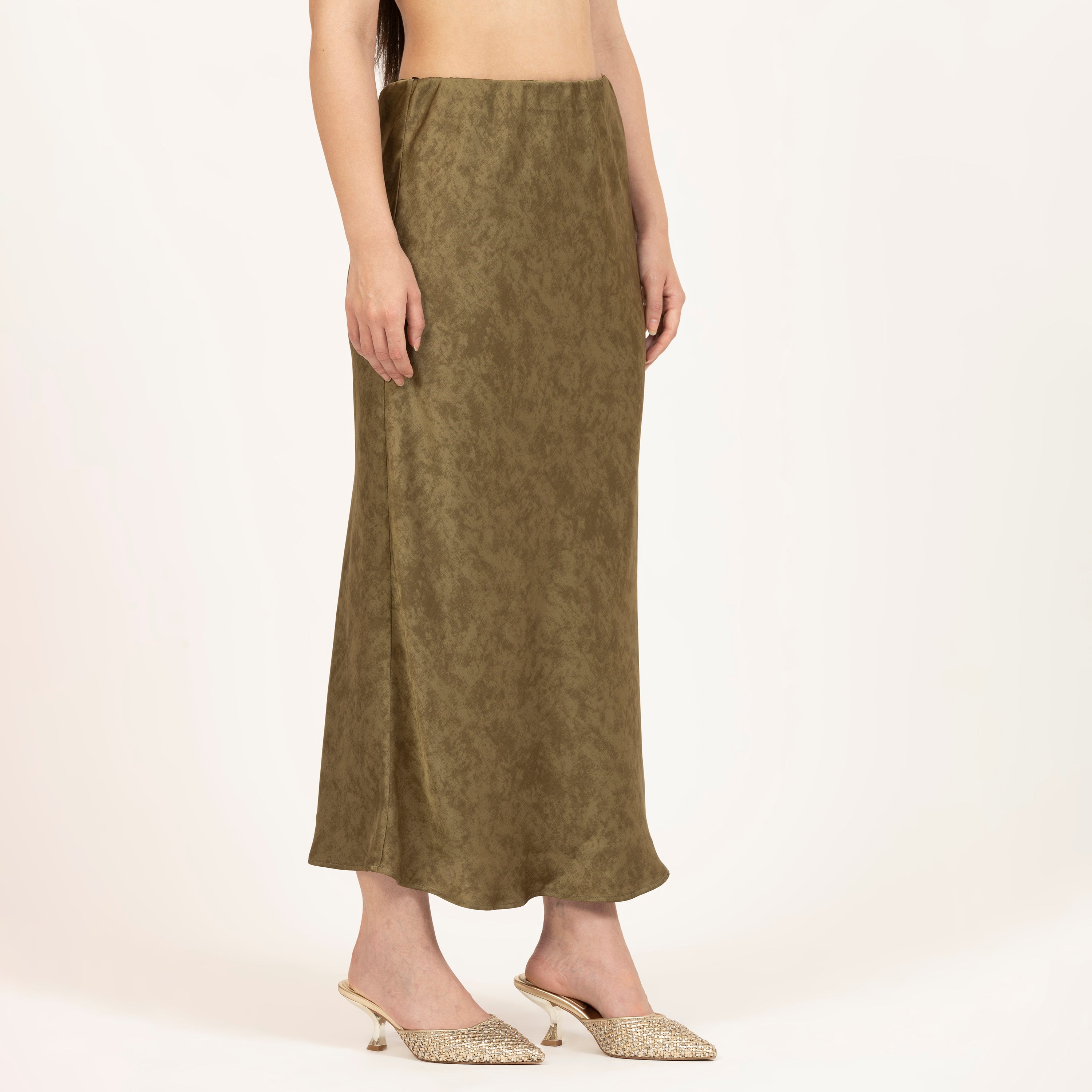 Olive Green Bias Satin Skirt, best formal skirts for women, satin skirts in india, skirts for women india, olive green skirts india, green designed skirts for women india
