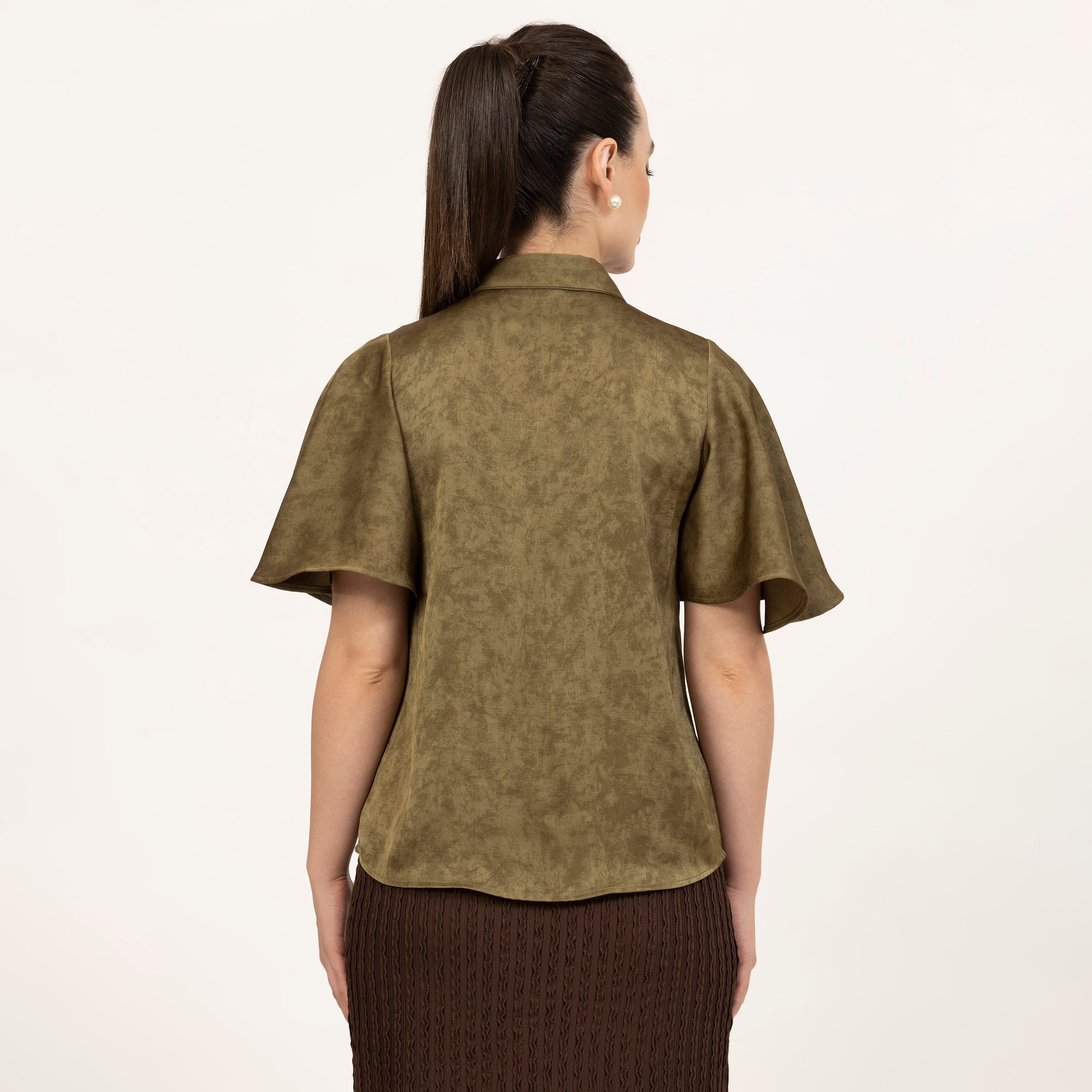 Olive Green Satin Top With Bell Sleeves, designer shirts, casual tops, formal tops, fashion tops, formal tops for women, tops for women, office dresses for women, trendy tops for women