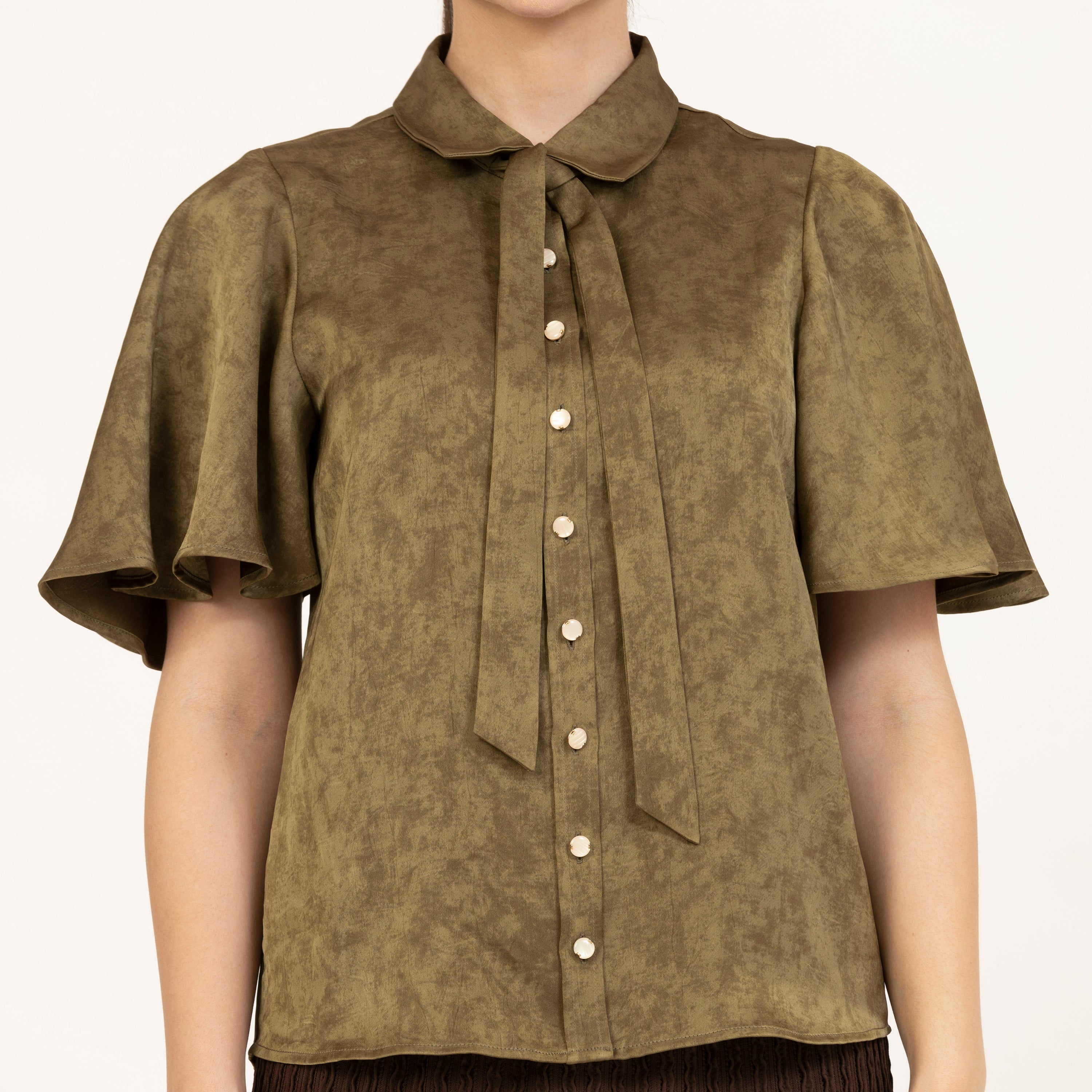 Olive Green Satin Top With Bell Sleeves, designer shirts, casual tops, formal tops, fashion tops, formal tops for women, tops for women, office dresses for women, trendy tops for women