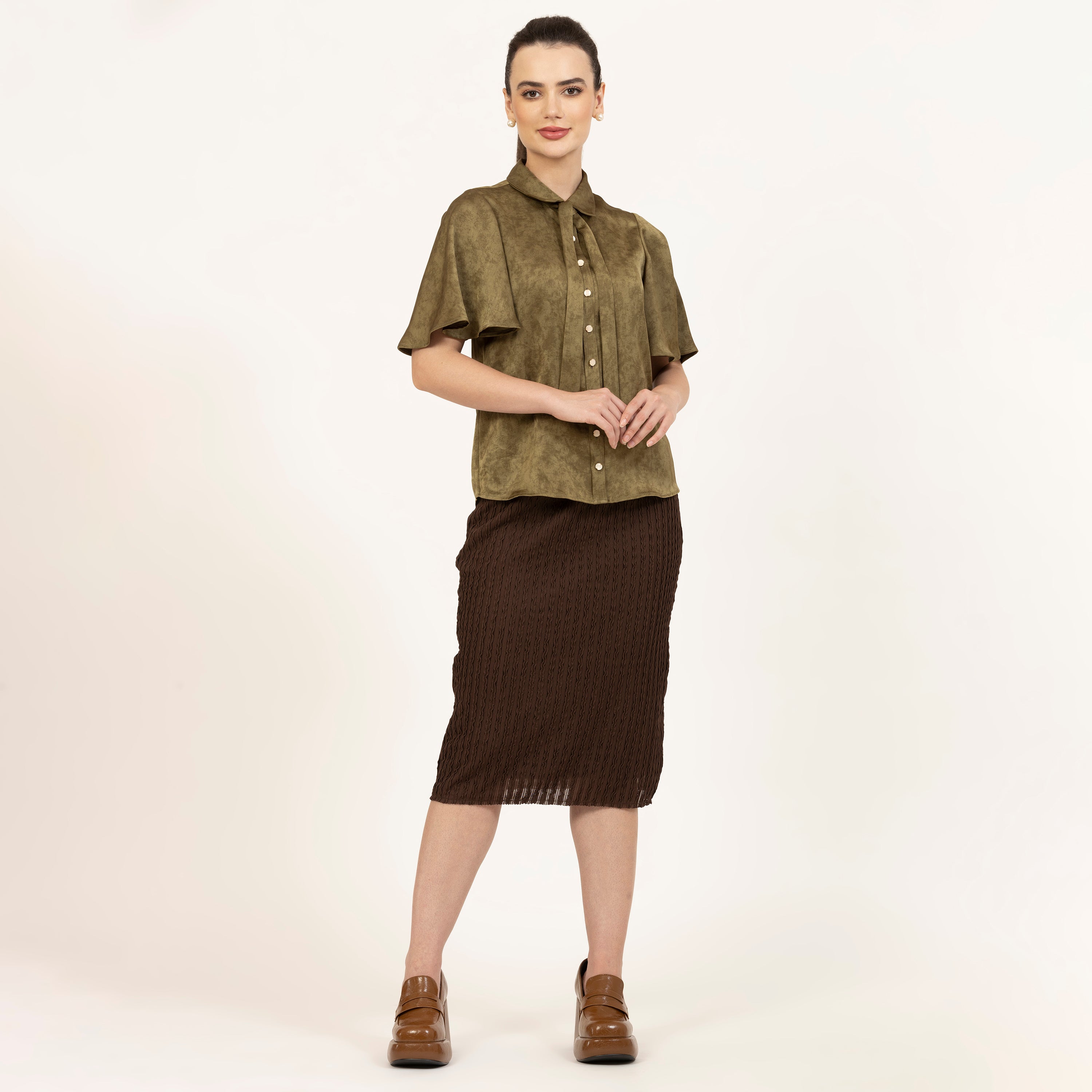 Olive Green Satin Top With Bell Sleeves, designer shirts, casual tops, formal tops, fashion tops, formal tops for women, tops for women, office dresses for women, trendy tops for women