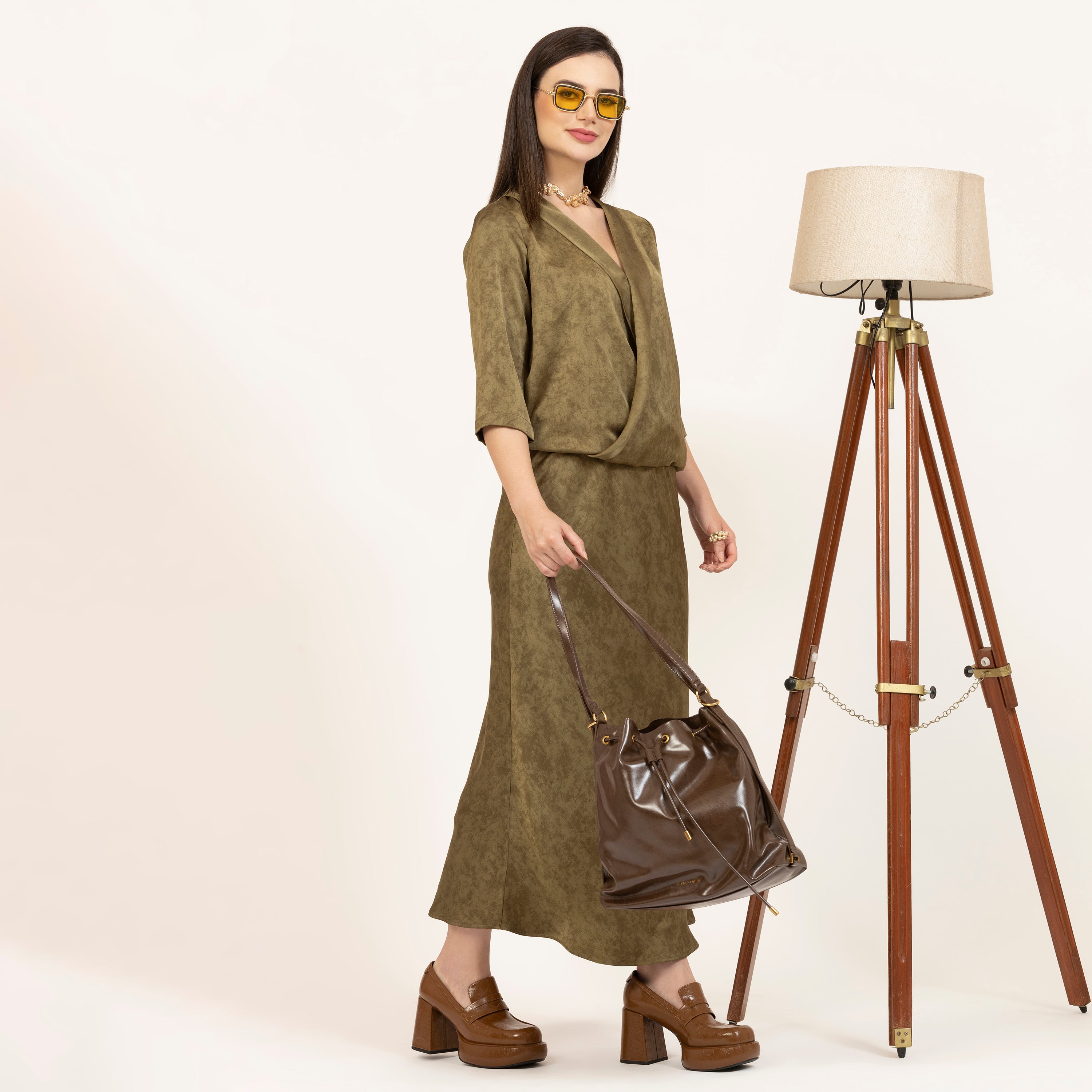 Olive Green Satin Wrap Top for Women