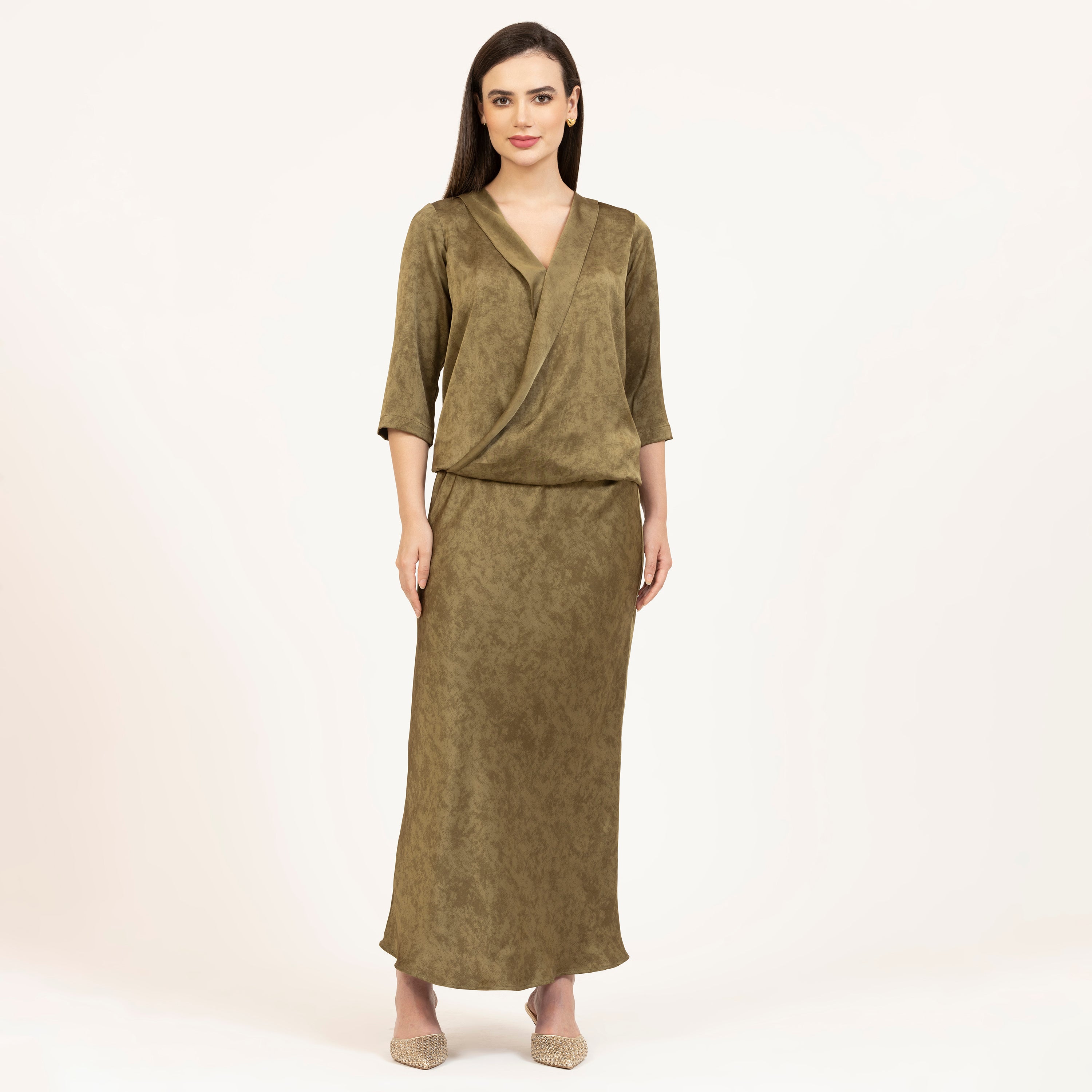 Olive Green Satin Wrap Top, dresses for women, satin wrap for women, olive green wrap top, tops for women, designer tops, best tops for women, office wear tops , stylish formal tops , best tops for work