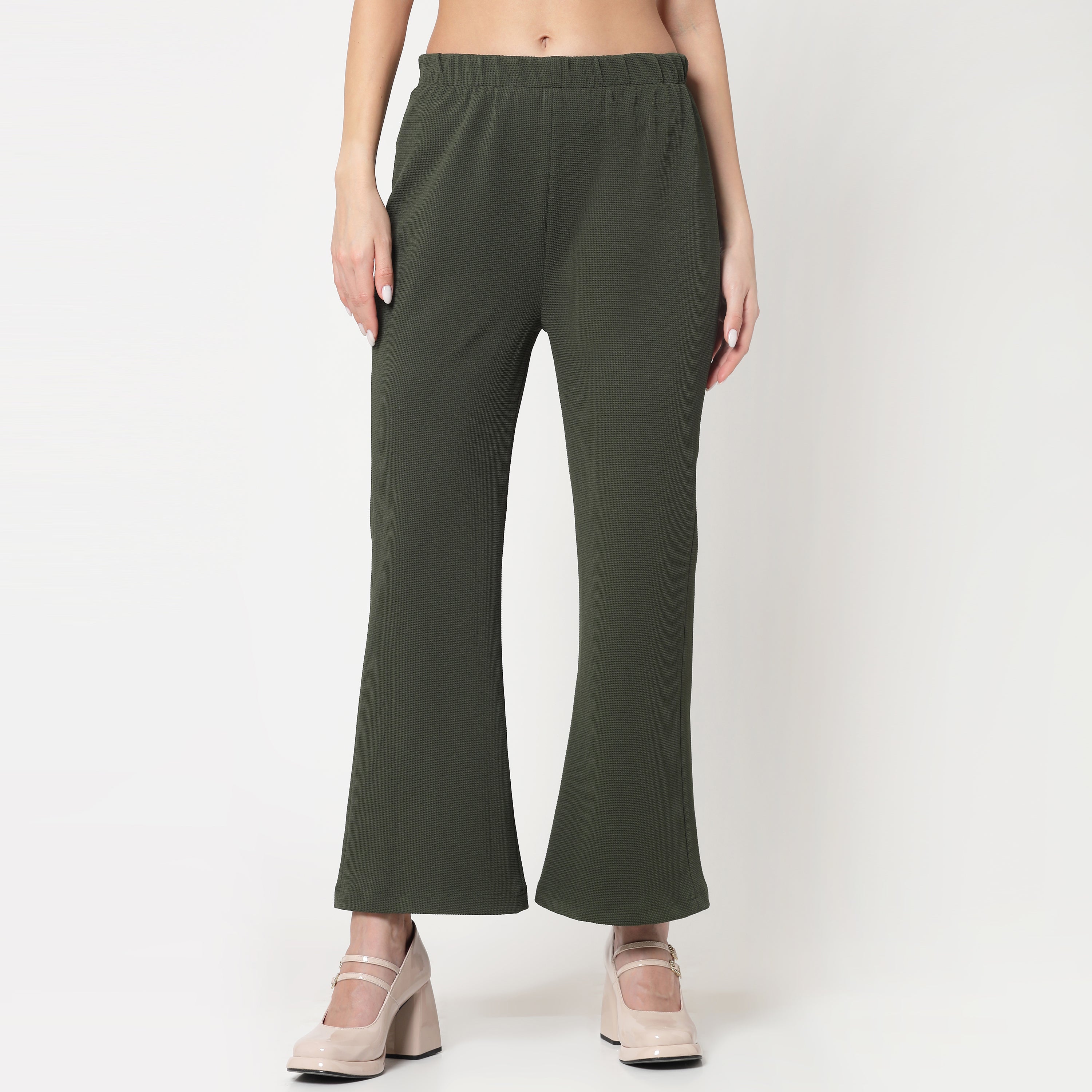 Olive Lycra Bell Bottom Pant for Women-4