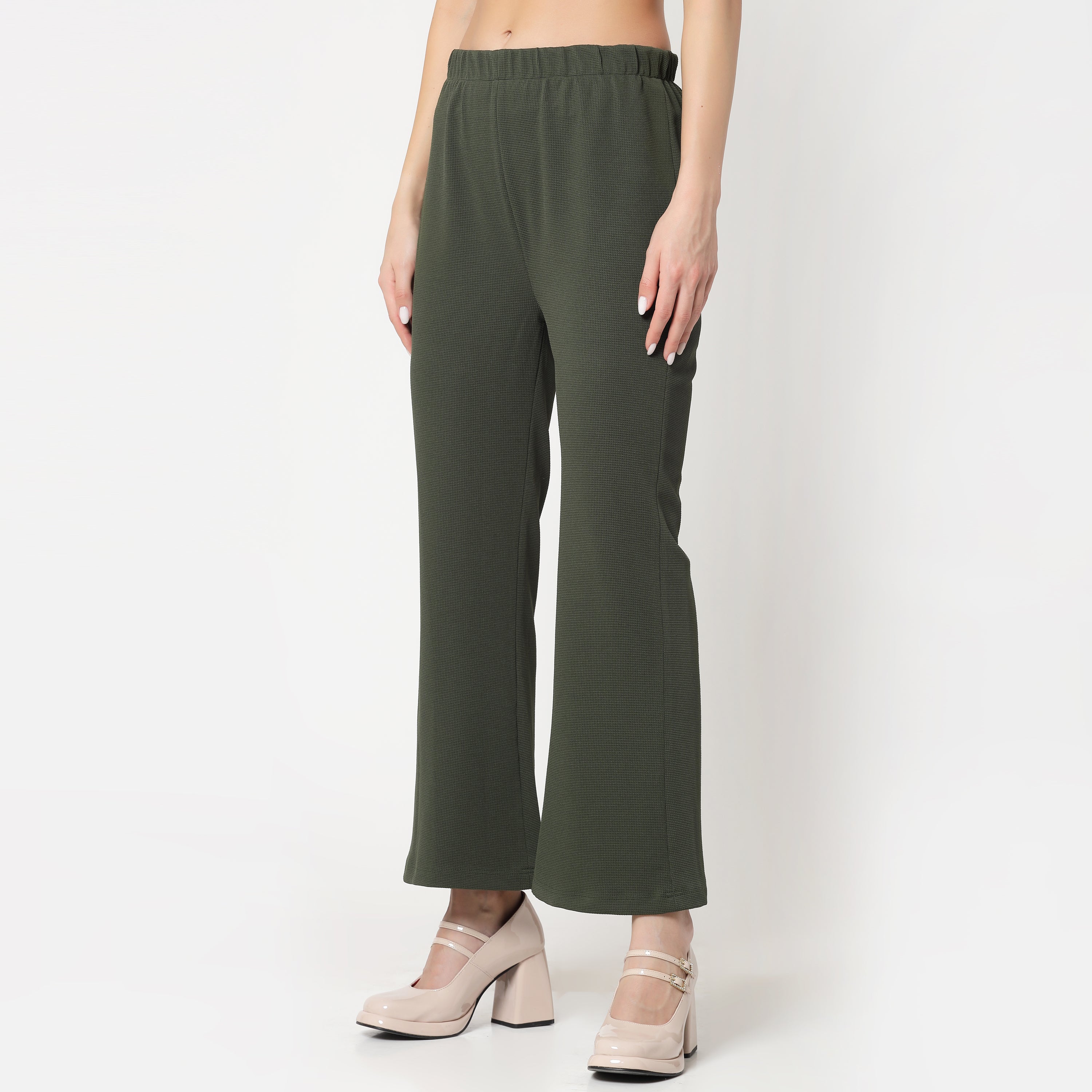 Olive Lycra Bell Bottom Pant for Women