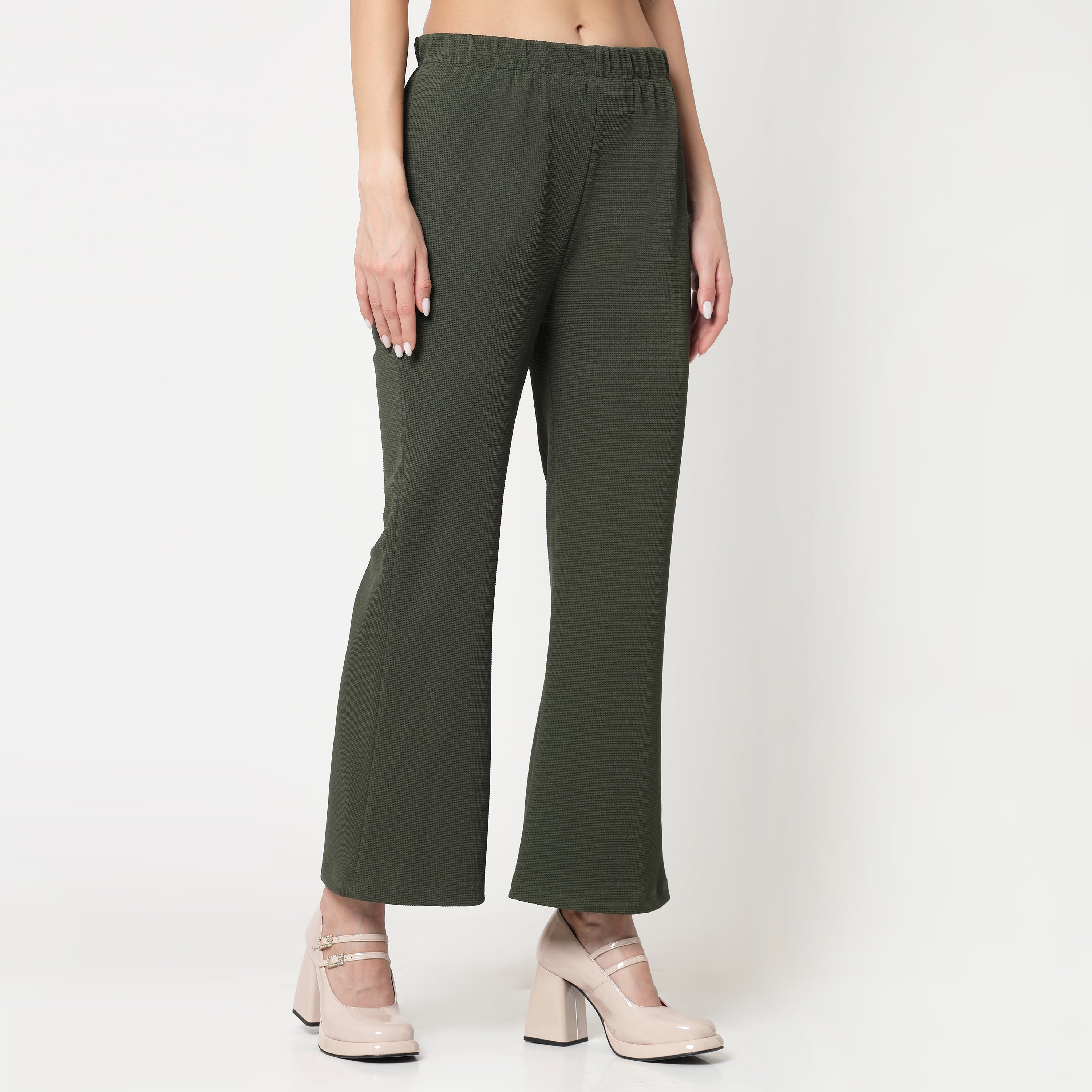 Olive Lycra Bell Bottom Pant for Women-2