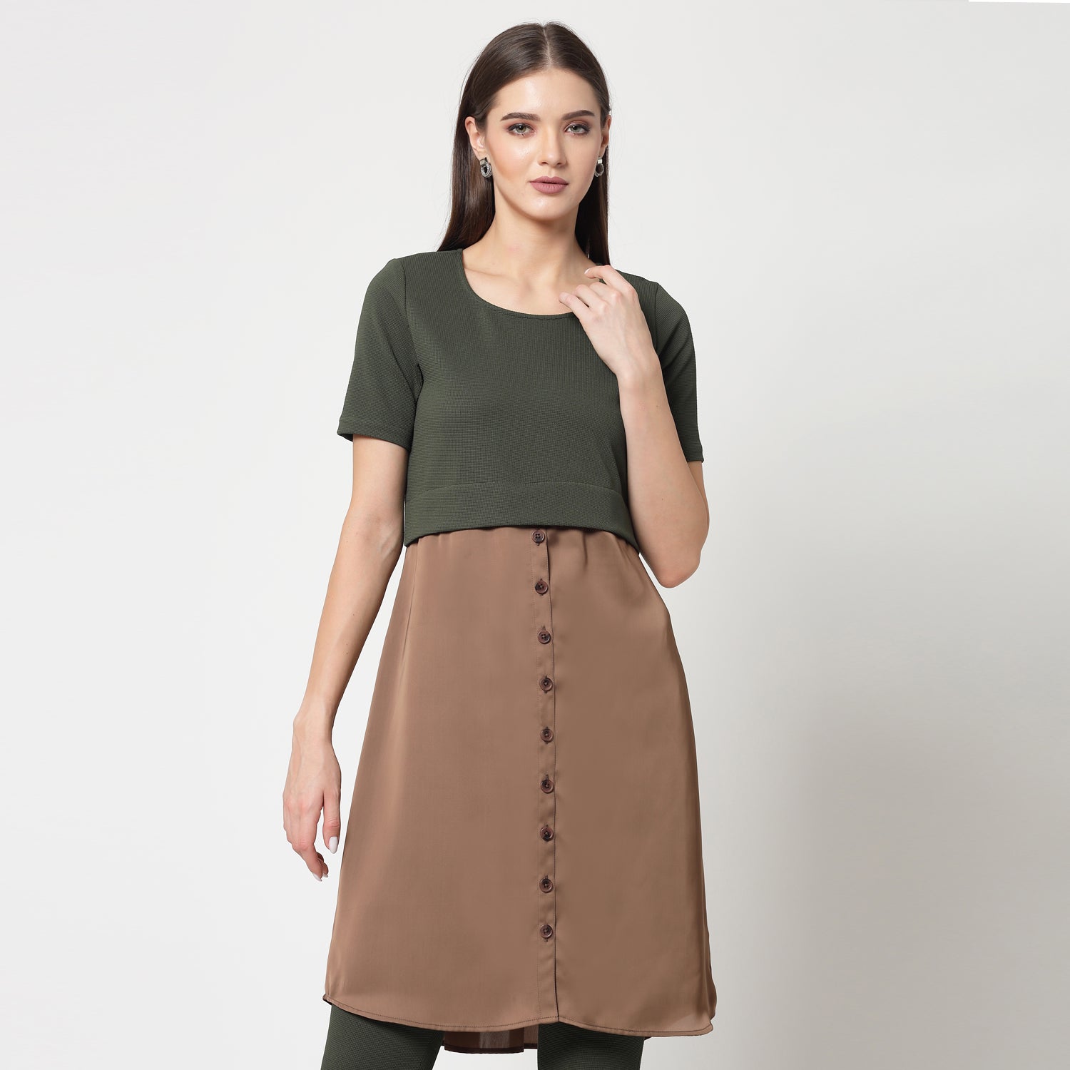 Olive Lycra & Brown Satin Tunic for Women