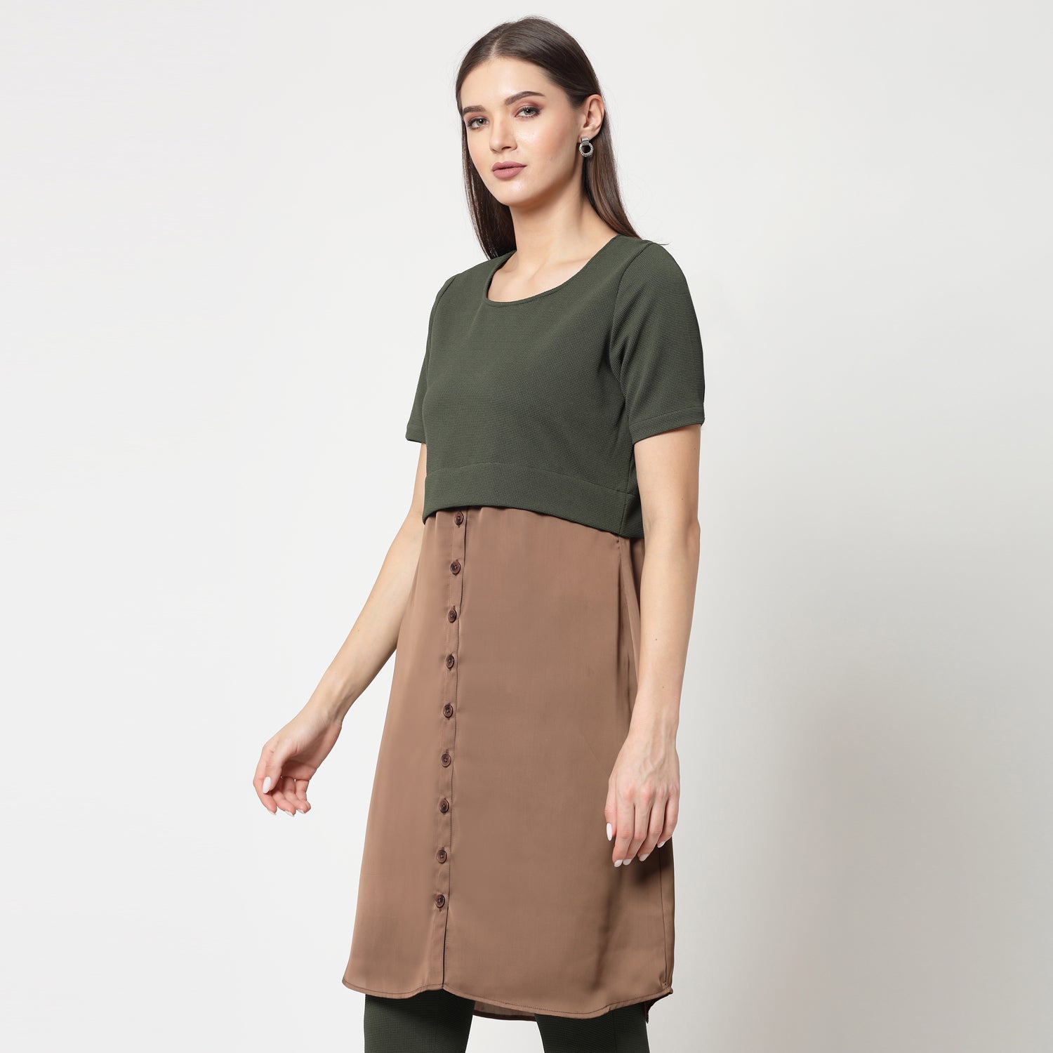 Olive Lycra & Brown Satin Tunic for Women -3