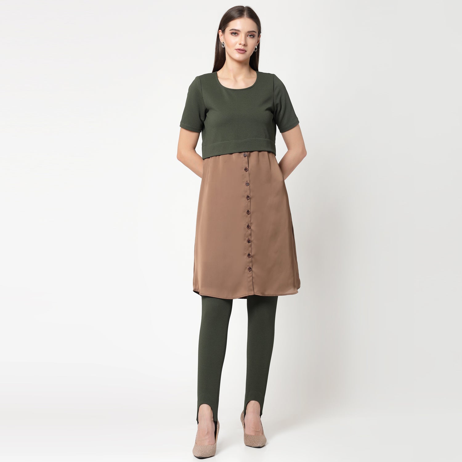 Olive Lycra & Brown Satin Tunic for Women -4