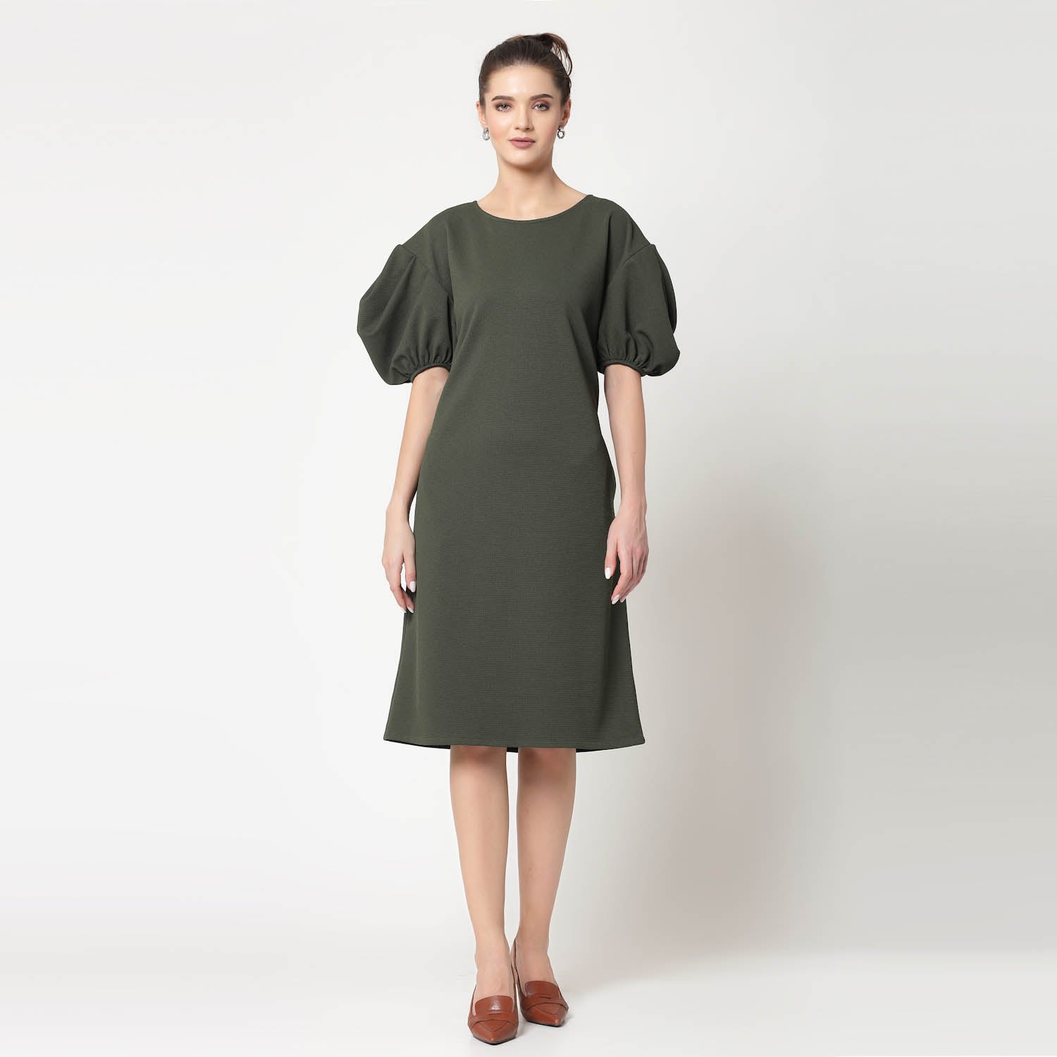 Olive Lycra With Puff Sleeve Dress, dress for women, stylish dress for women, one piece for women dress, office wear women