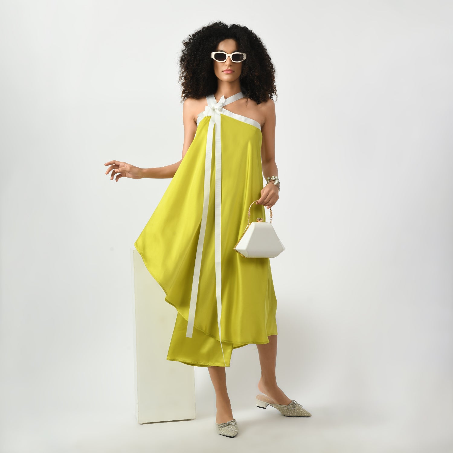 Olive Satin Asymmetrical Dress With Ribbed Ribbon, dress with ribbed ribbon, asymmetrical dresses, olive satin dress, dress for women, stylish dress for women, one piece for women dress, office wear women