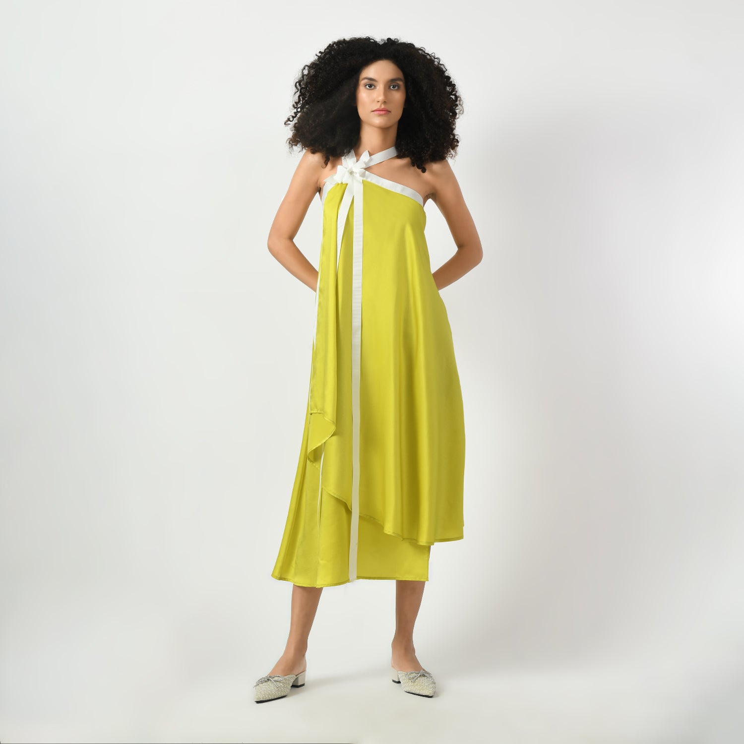 Olive Satin Asymmetrical Dress With Ribbed Ribbon, dress with ribbed ribbon, asymmetrical dresses, olive satin dress, dress for women, stylish dress for women, one piece for women dress, office wear women