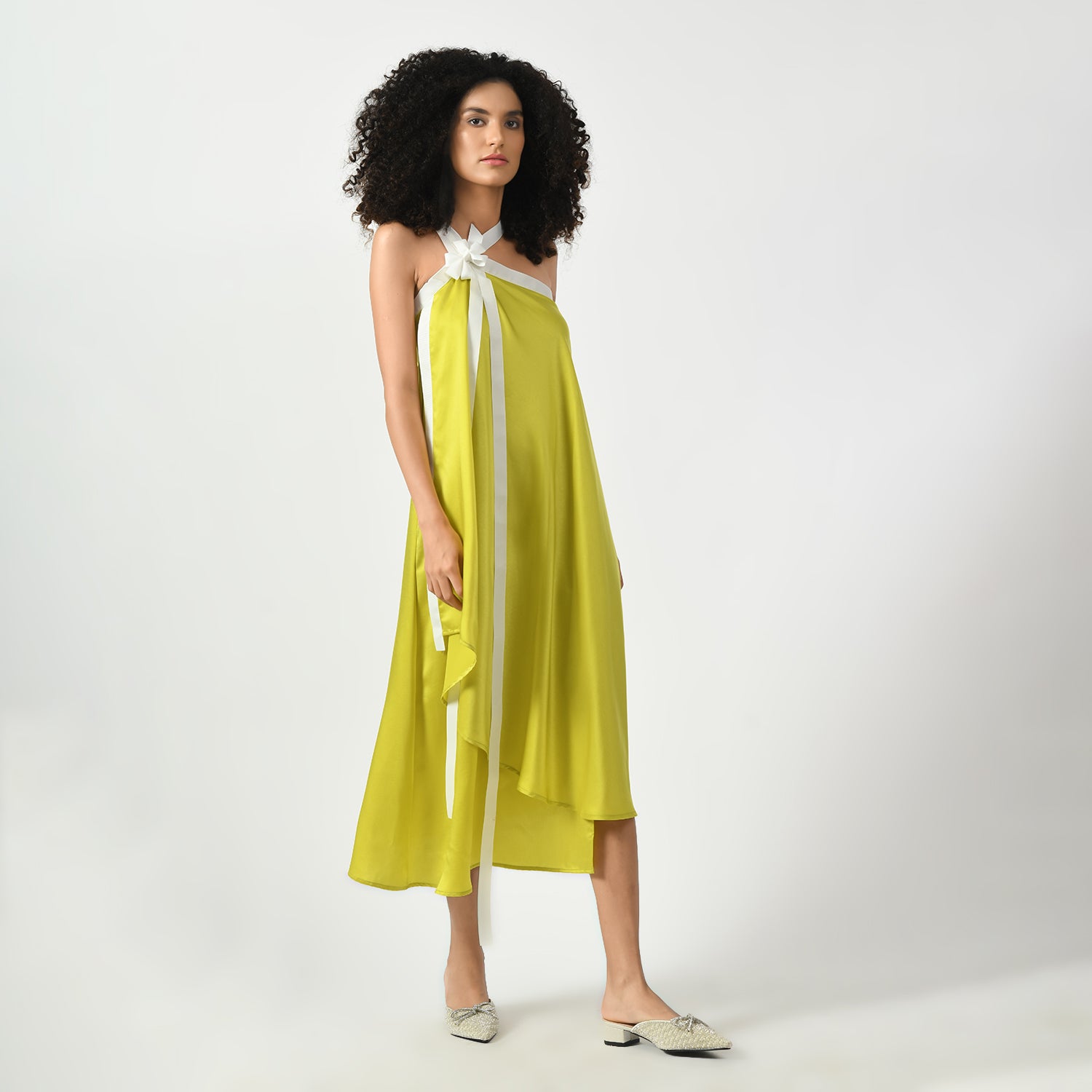 Olive Satin Asymmetrical Dress With Ribbed Ribbon, dress with ribbed ribbon, asymmetrical dresses, olive satin dress, dress for women, stylish dress for women, one piece for women dress, office wear women