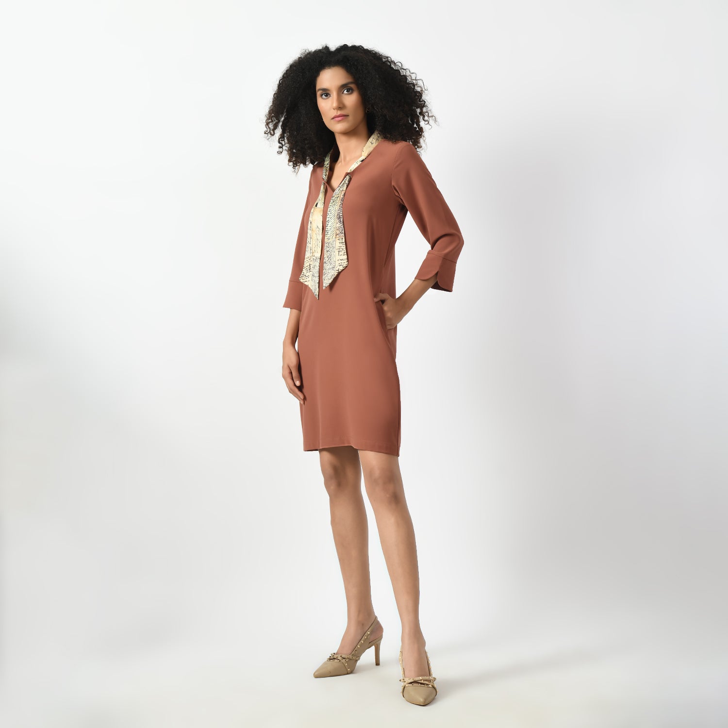 Peach Dress With Tie Knot Collar, knot collar dress, tie knot dress, peach colour dress, dress for women, stylish dress for women, one piece for women dress, office wear women