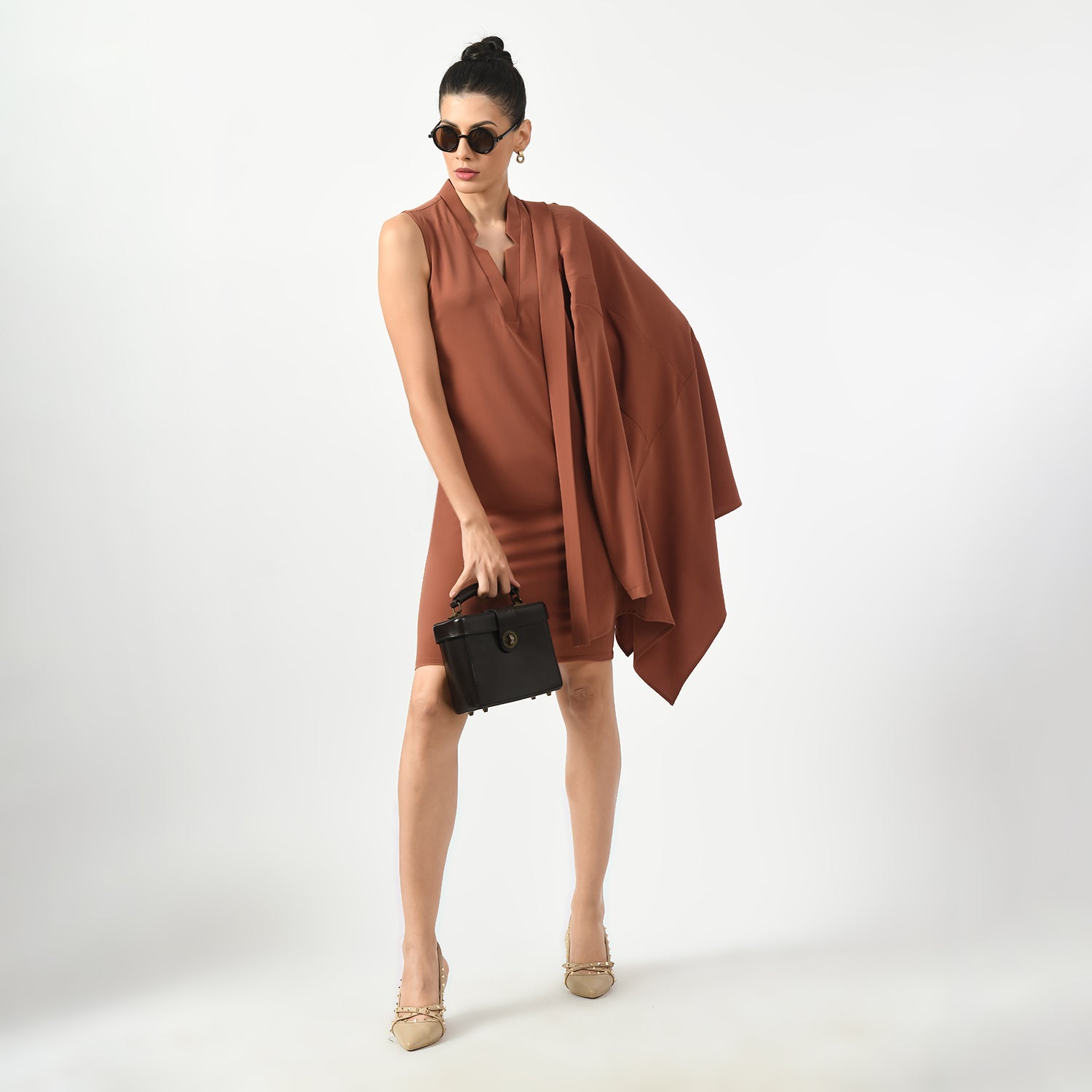 Peach Sleeveless V Neck Dresses for Ladies Office Wear -1