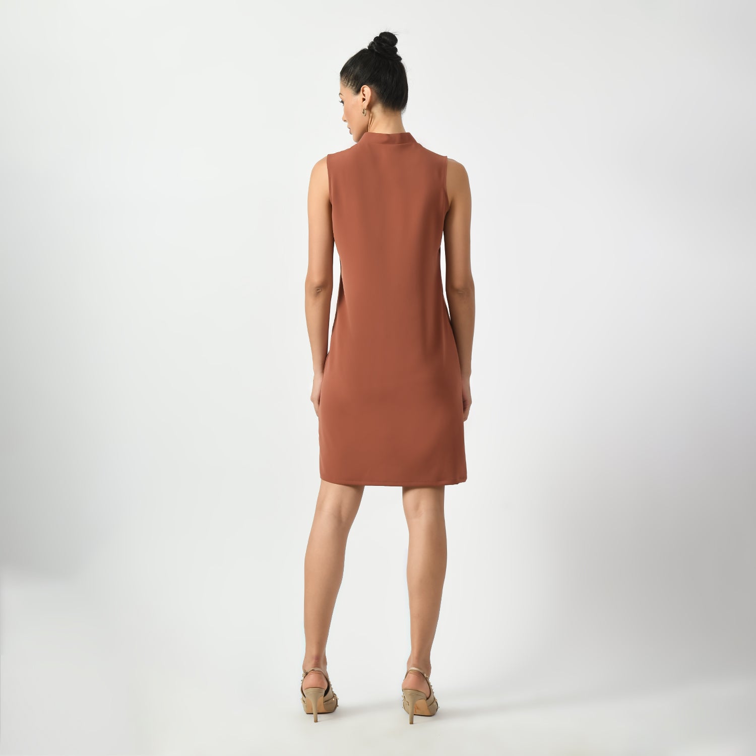 Peach Sleeveless V Neck Dresses for Ladies Office Wear -5