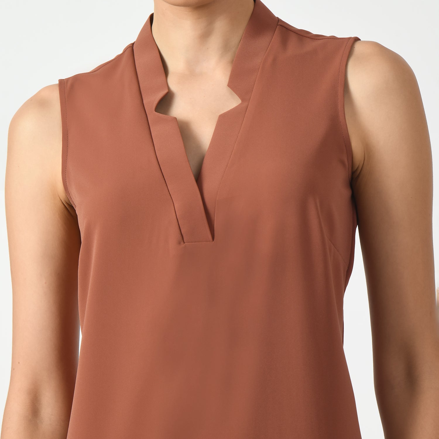Peach Sleeveless V Neck Dresses for Ladies Office Wear -4