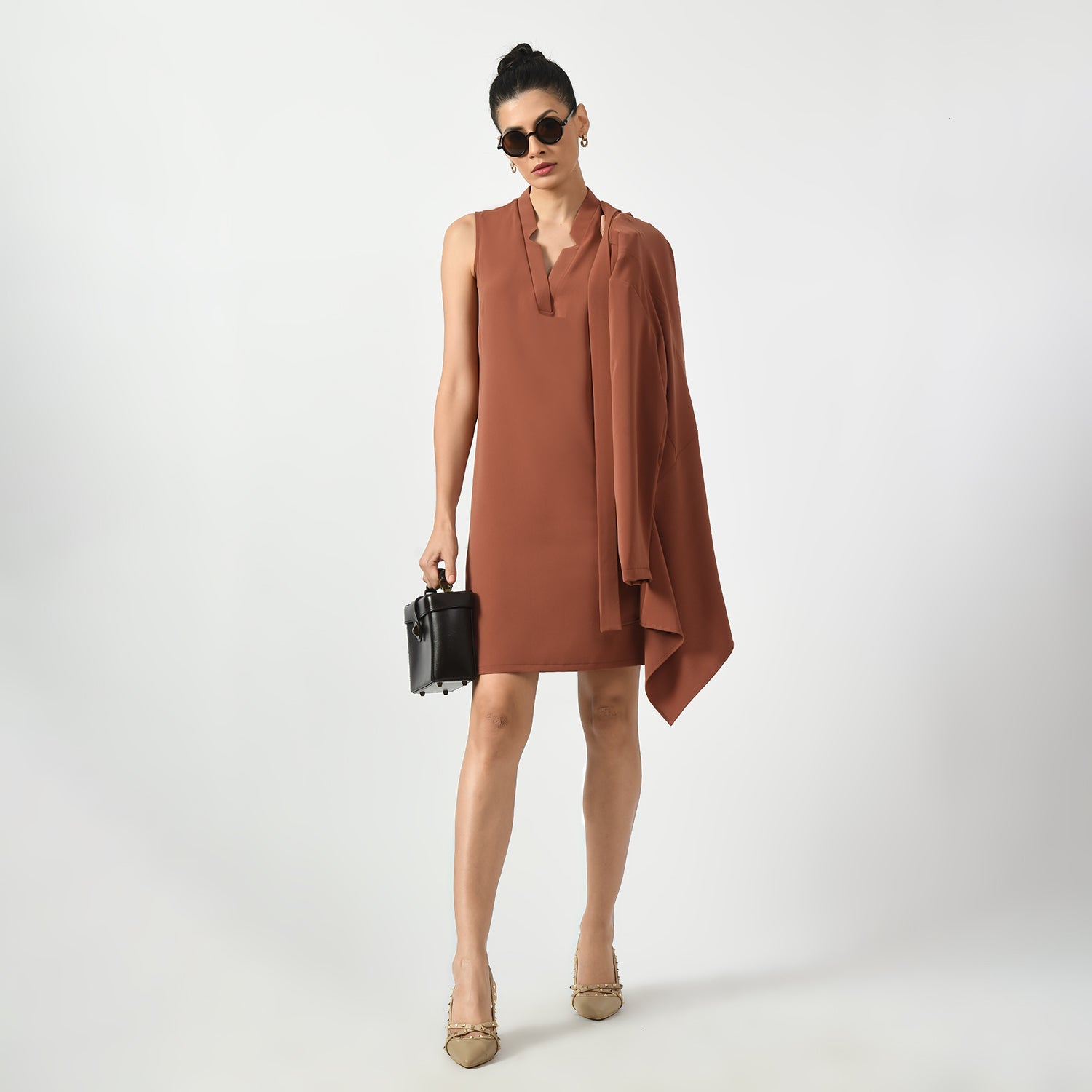 Peach Sleeveless V Neck Dresses for Ladies Office Wear -7