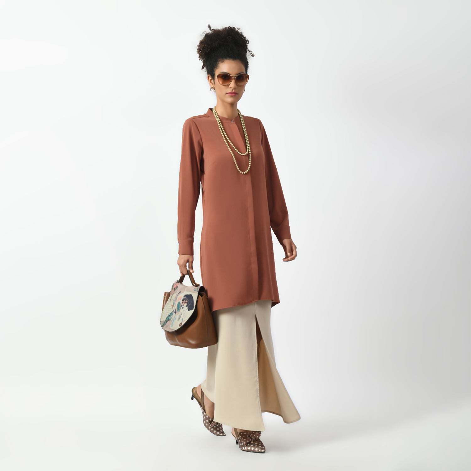 Peach Tunic With Mandarin Collar, mandarin collar tunics, peach colour tunics, formal tunics for women, office wear tunics, tunic for office, tunics for women, stylish tunic for women, one piece tunic for women , office wear women,