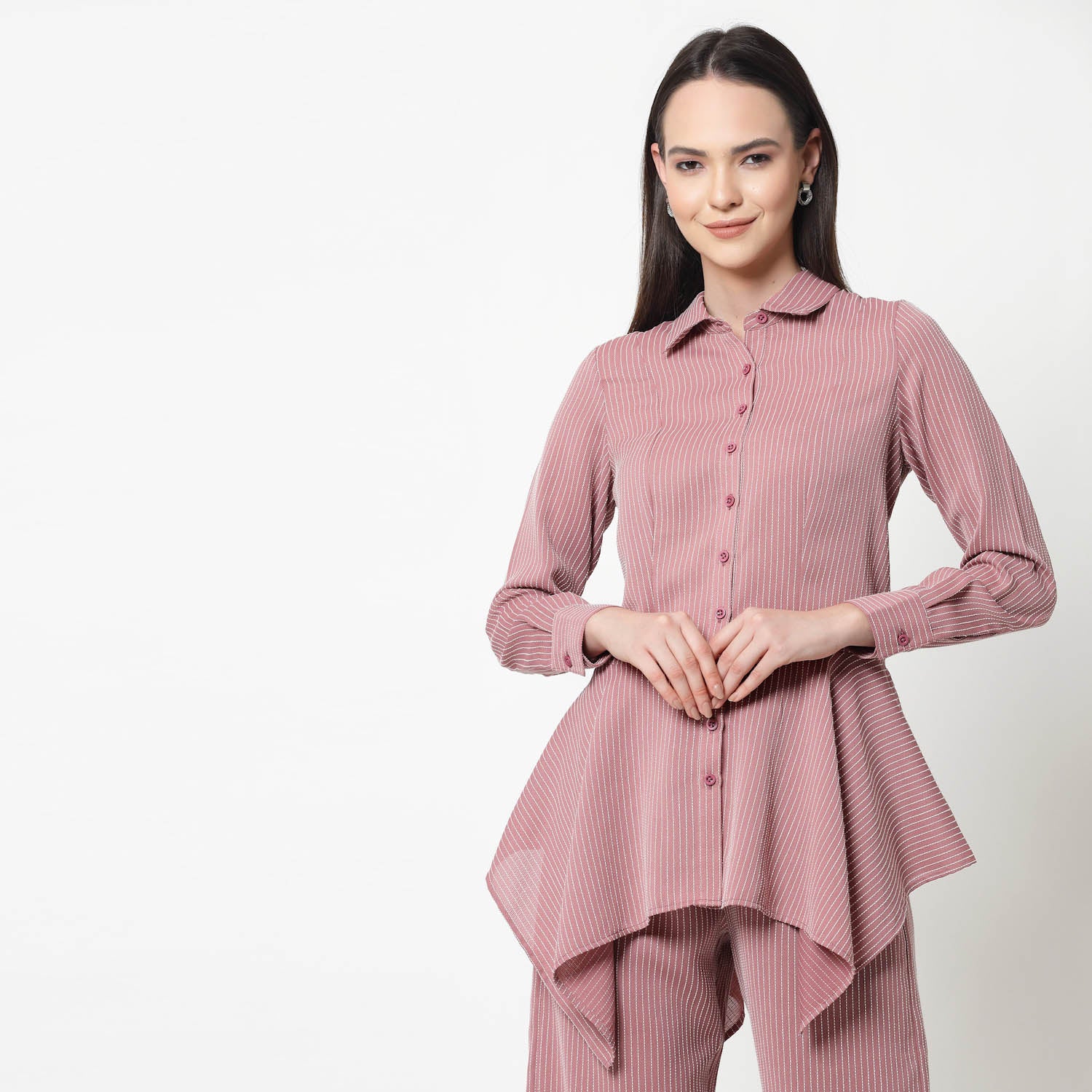 Pink Asymmetrical Shirt With White Lines,womens formal shirts
cotton shirts for women
Ofiice shirts for women
