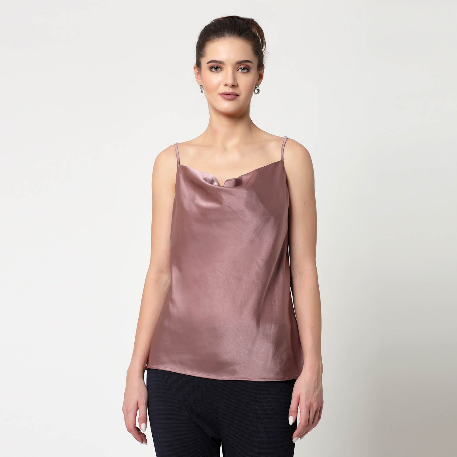 Pink Satin Cowl Neck Spaghetti, formal tops for women
tops for women stylish
office dress for women
stylish tops for women