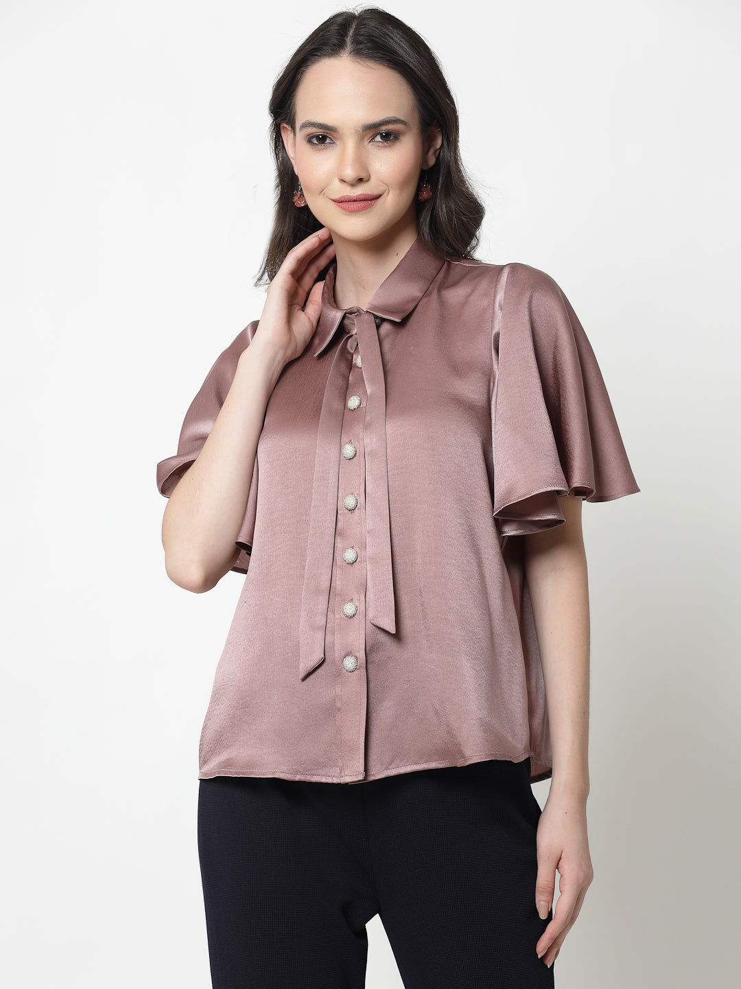 Pink Satin Top With Bell Sleeves & Tie Knot