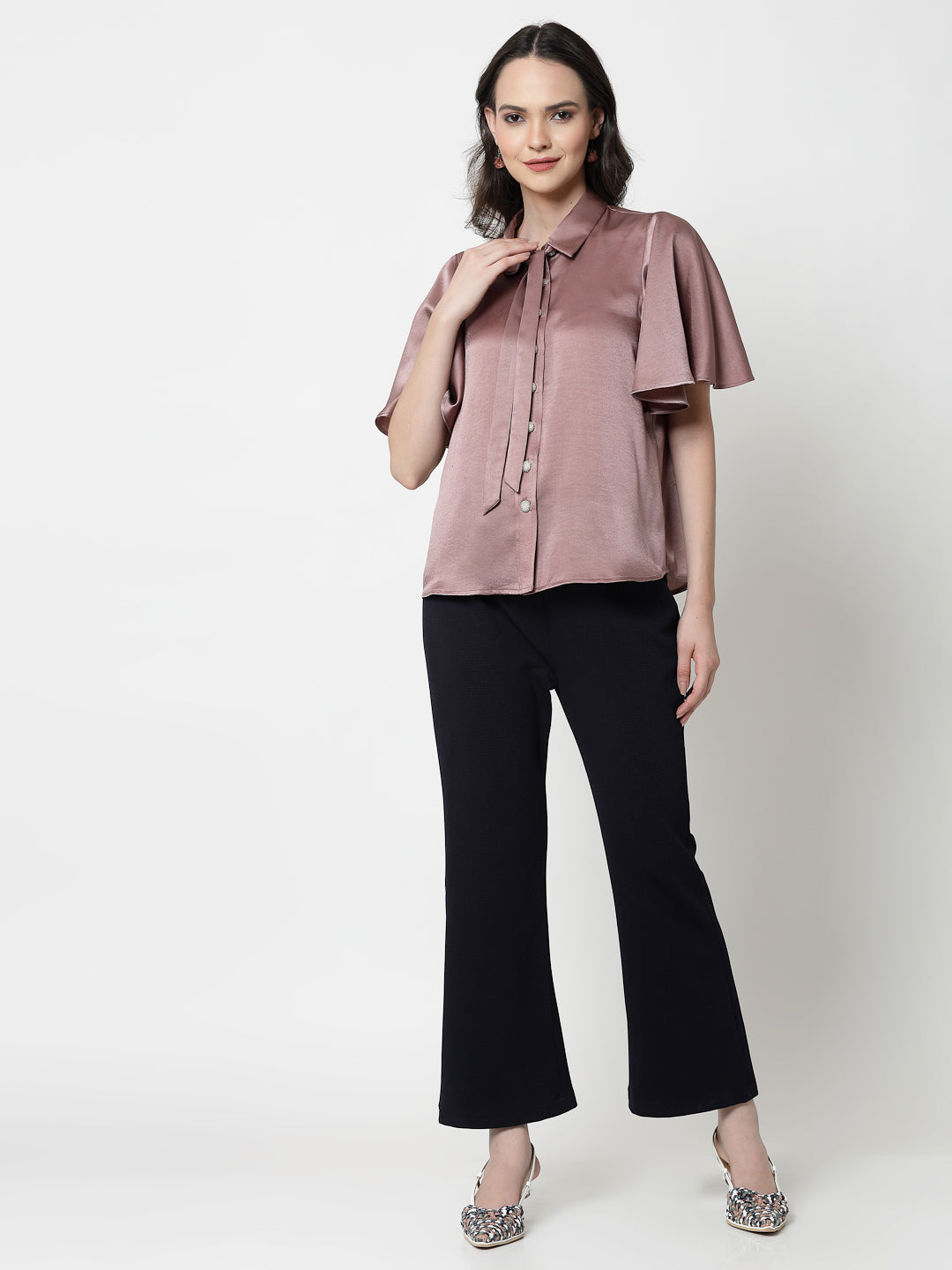 Pink Satin Top With Bell Sleeves & Tie Knot, formal tops for women
tops for women stylish
office dress for women
stylish tops for women