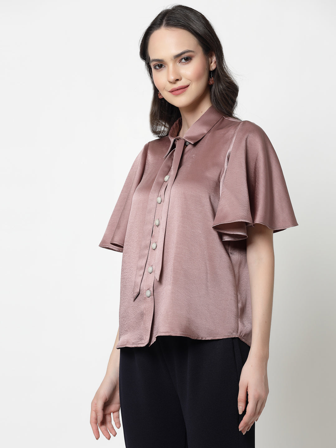 Pink Satin Top With Bell Sleeves & Tie Knot, formal tops for women
tops for women stylish
office dress for women
stylish tops for women