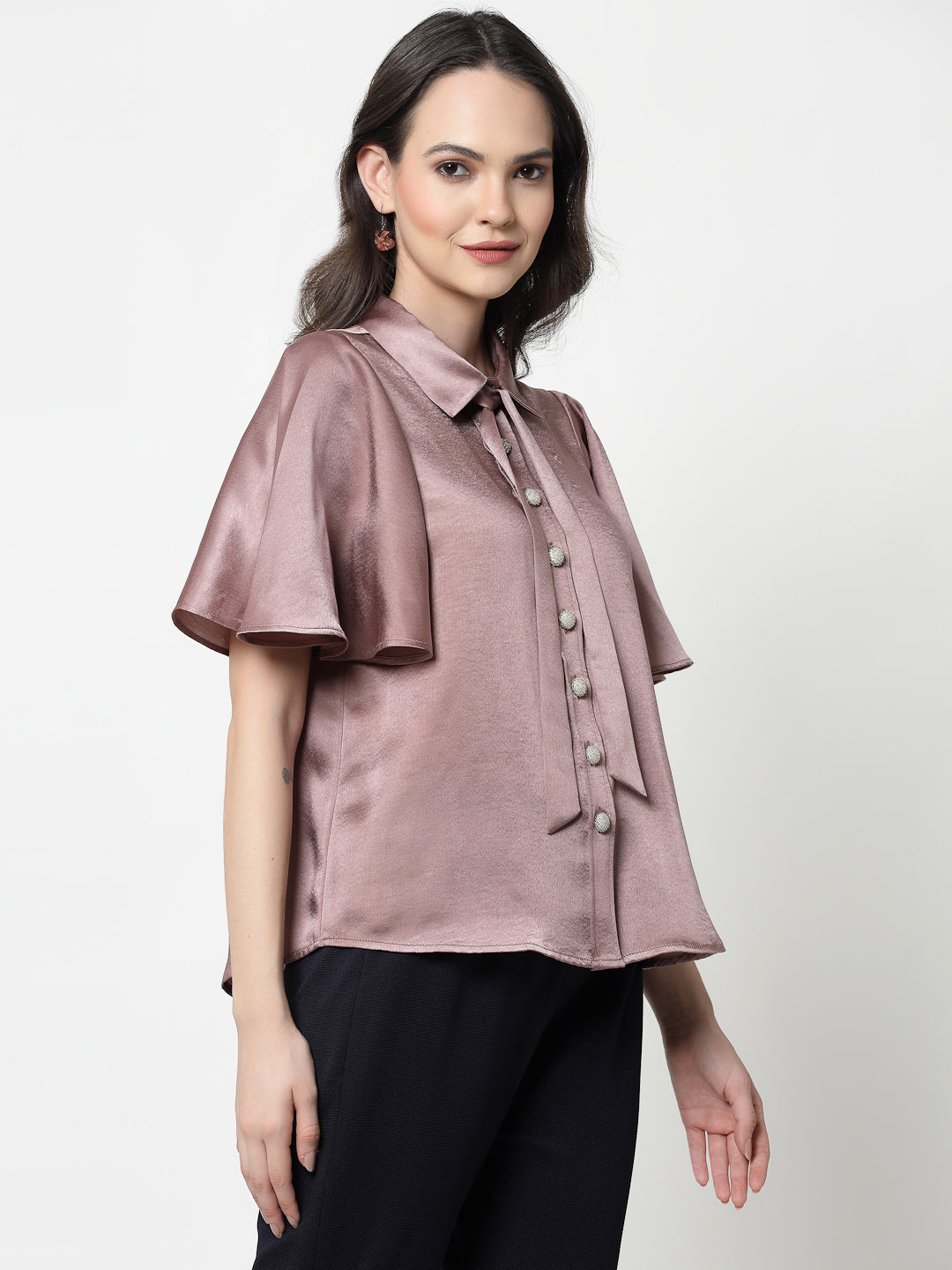 Pink Satin Top With Bell Sleeves & Tie Knot, formal tops for women
tops for women stylish
office dress for women
stylish tops for women