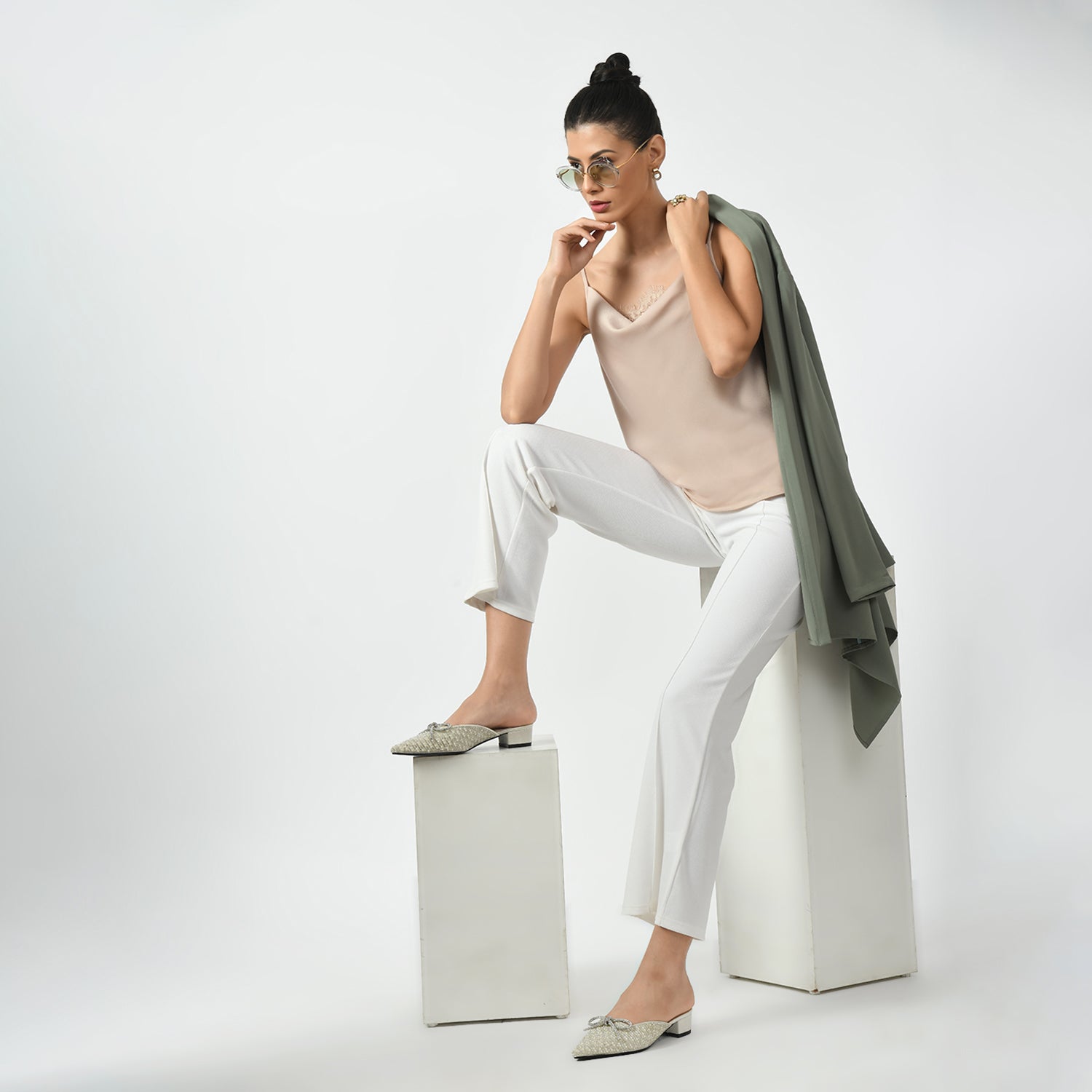 Off White Cowl Spaghetti Top With Lace