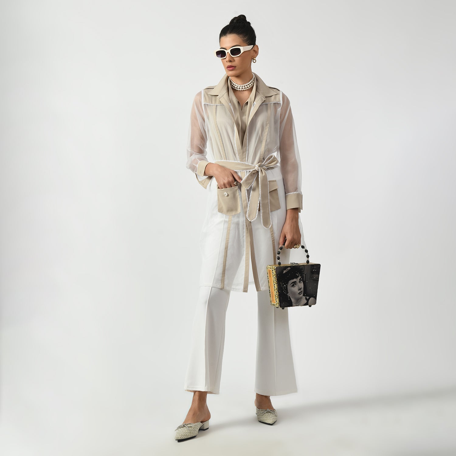 Off White Organza Long Jacket for Women-6