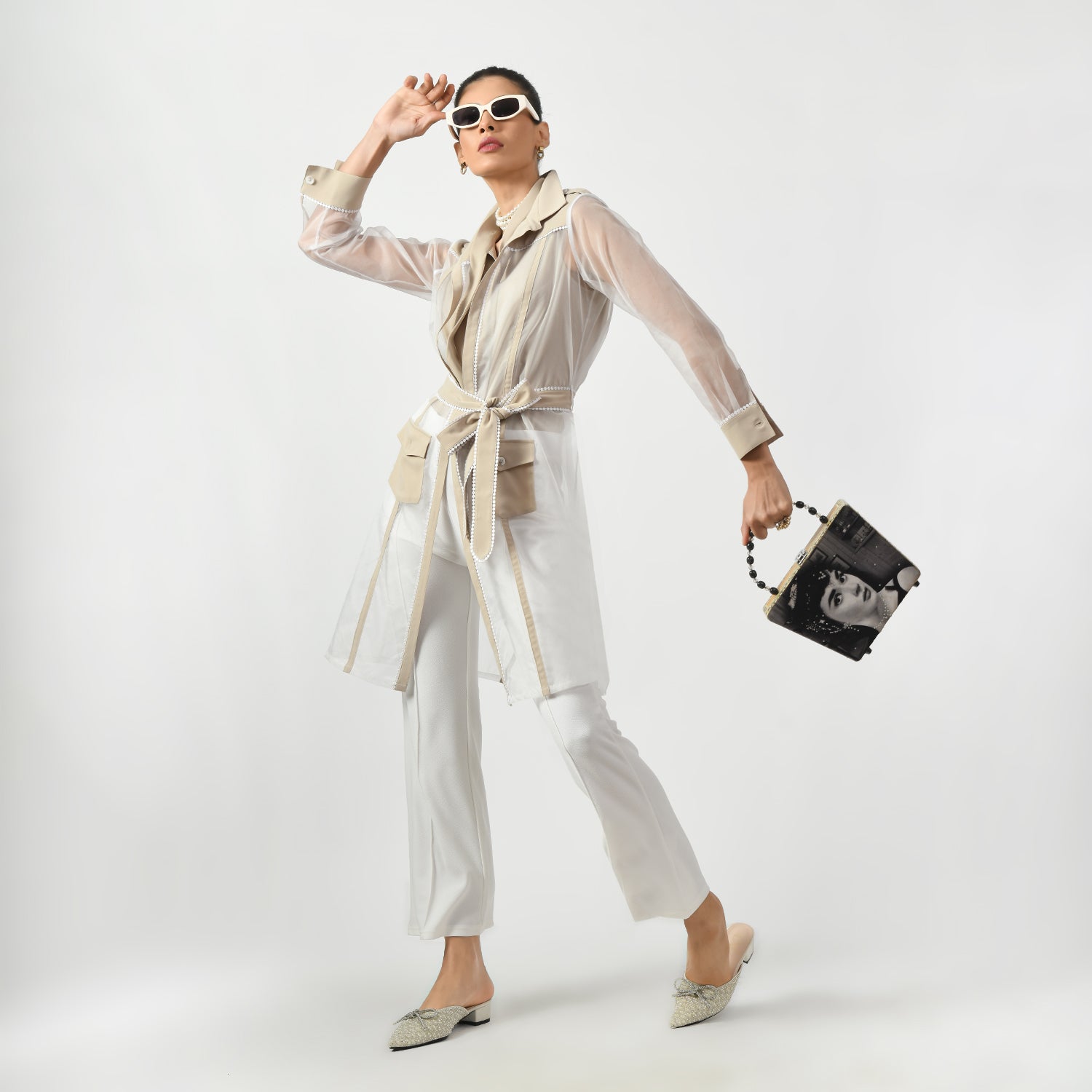 Off White Organza Long Jacket for Women-7