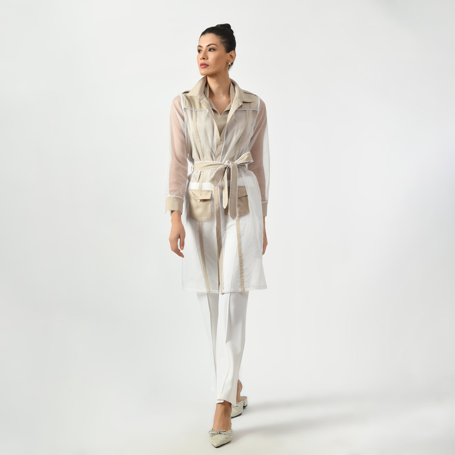 Off White Organza Long Jacket for Women-5