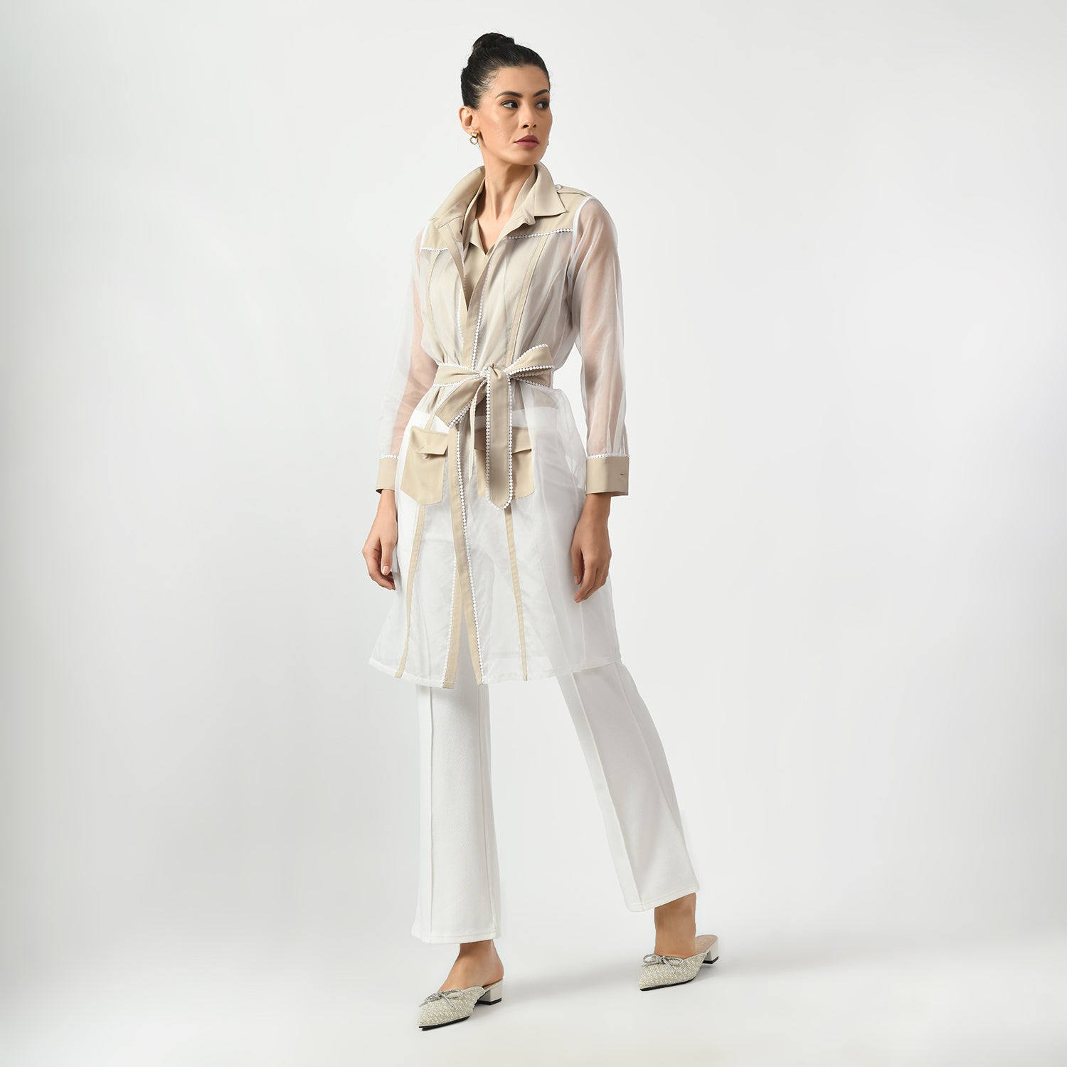 Off White Organza Long Jacket for Women-1