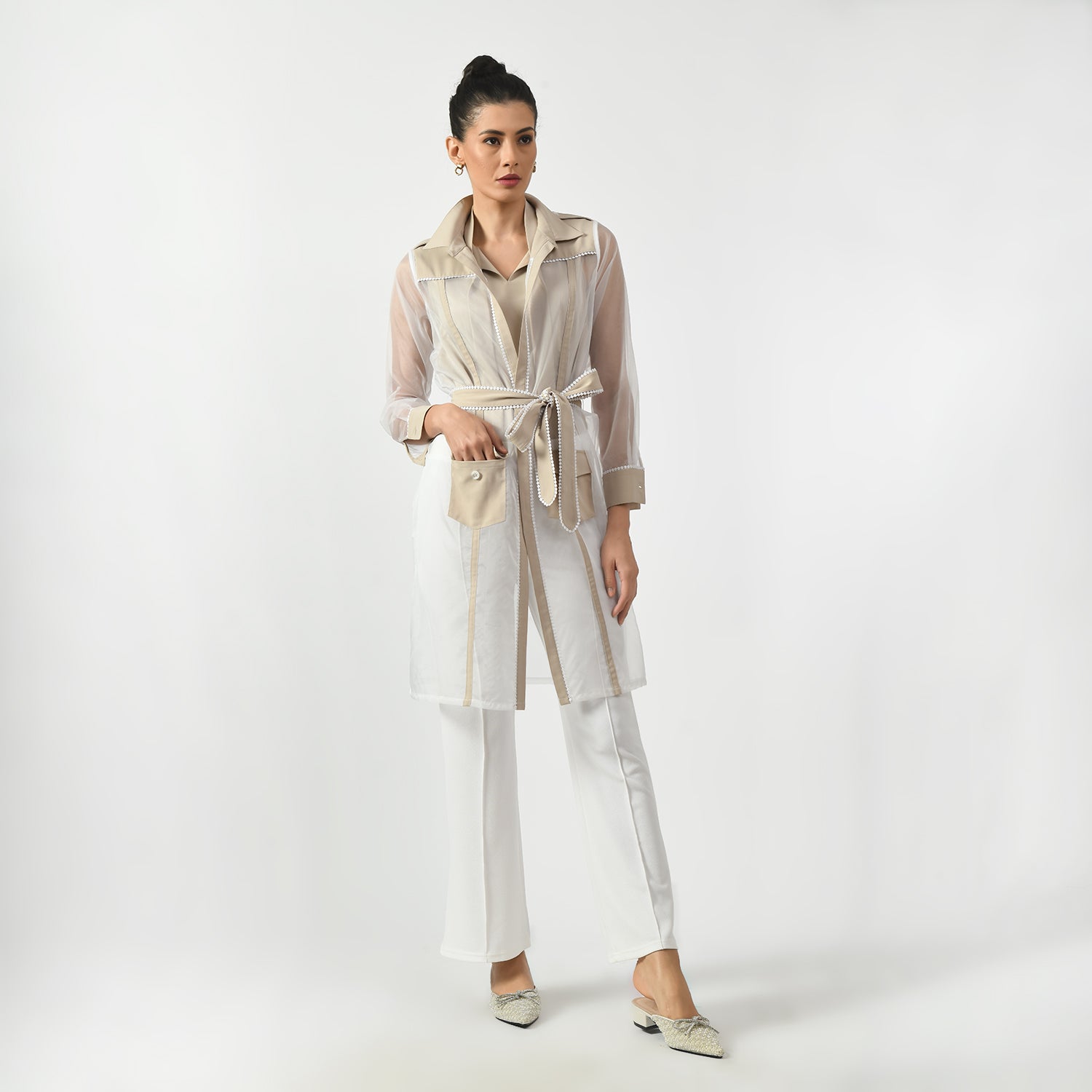 Off White Organza Long Jacket for Women-2