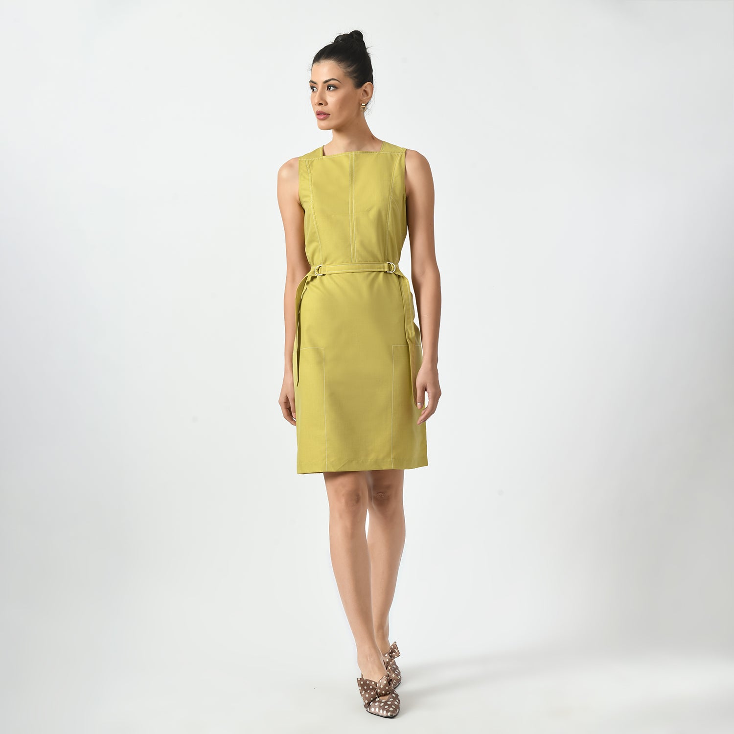 Mustard Square Neck Dresses for Women Office Wear -5