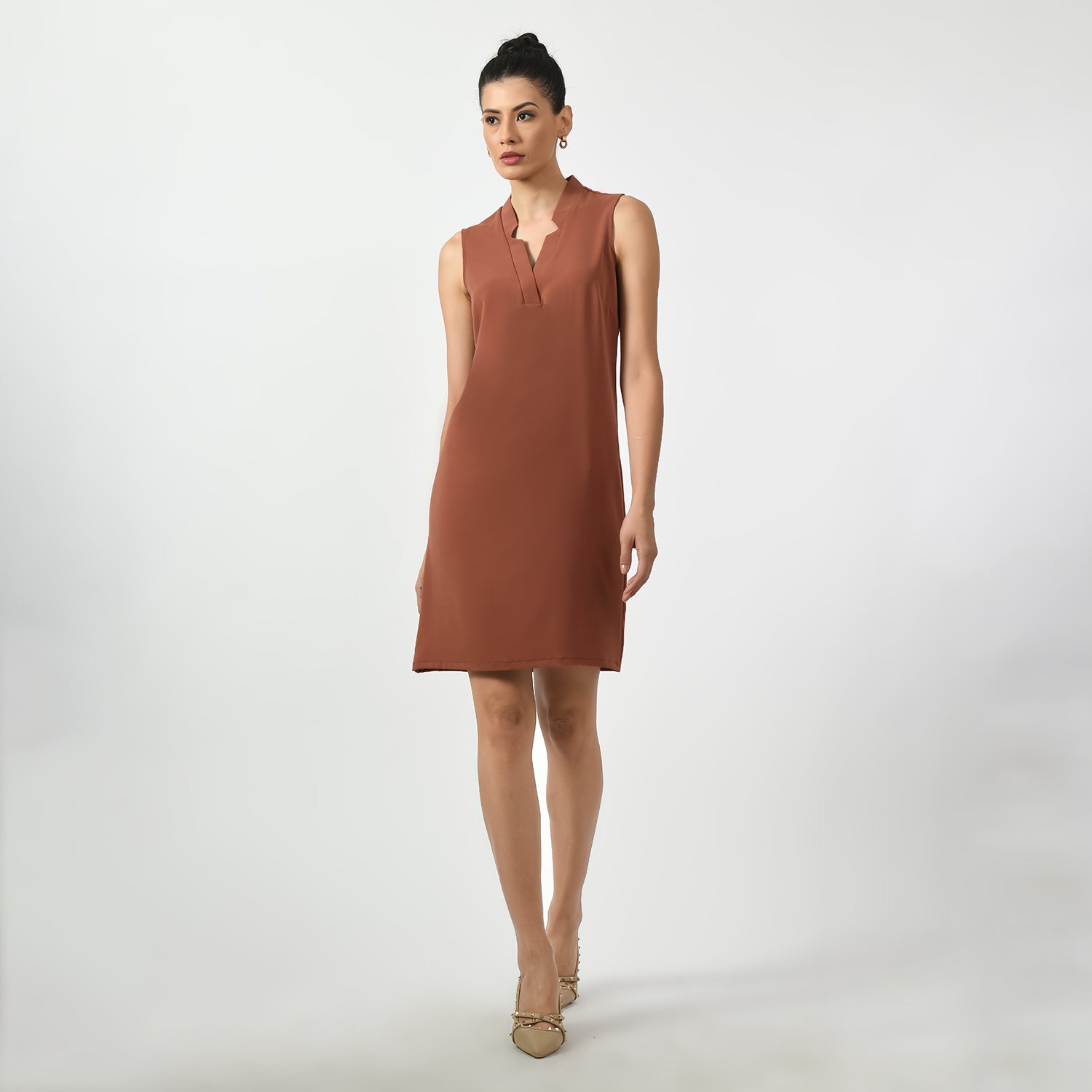 Peach Sleeveless V Neck Dresses for Ladies Office Wear -6