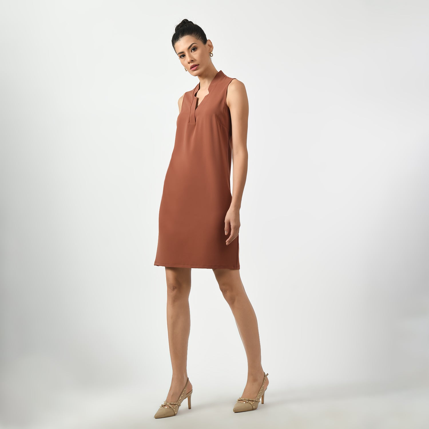 Peach Sleeveless V Neck Dresses for Ladies Office Wear -2
