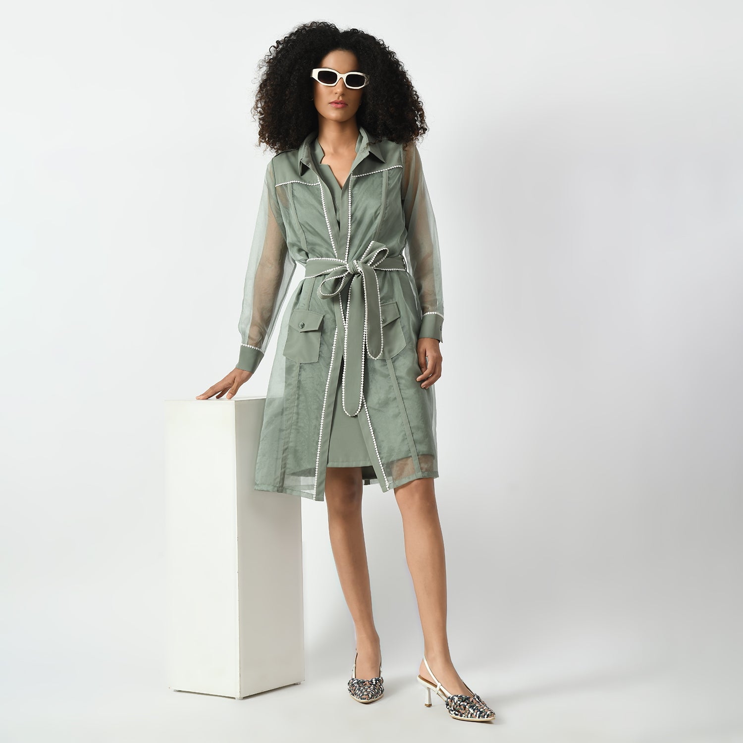 Office Wear Dusty Green Sleeveless V Neck Dresses for Women-5