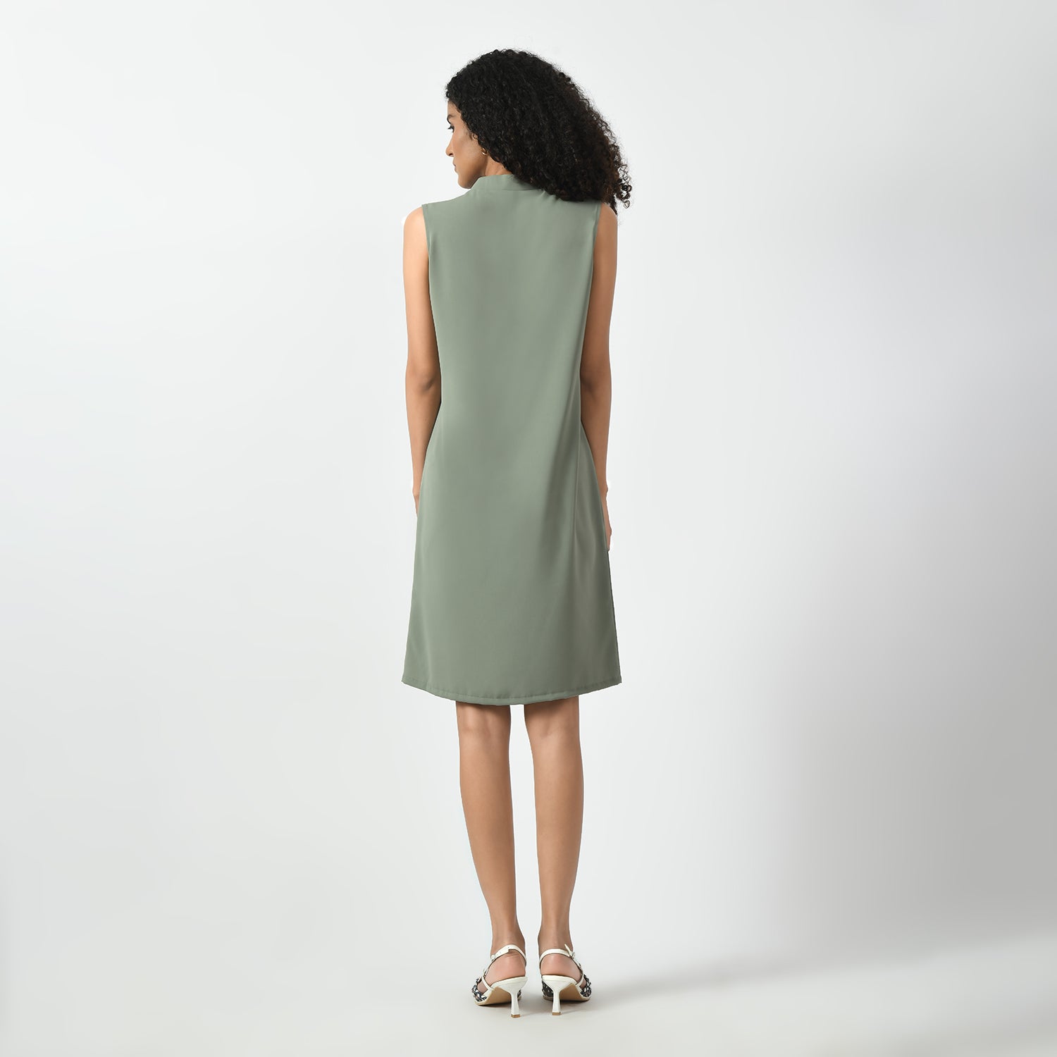 Office Wear Dusty Green Sleeveless V Neck Dresses for Women-4