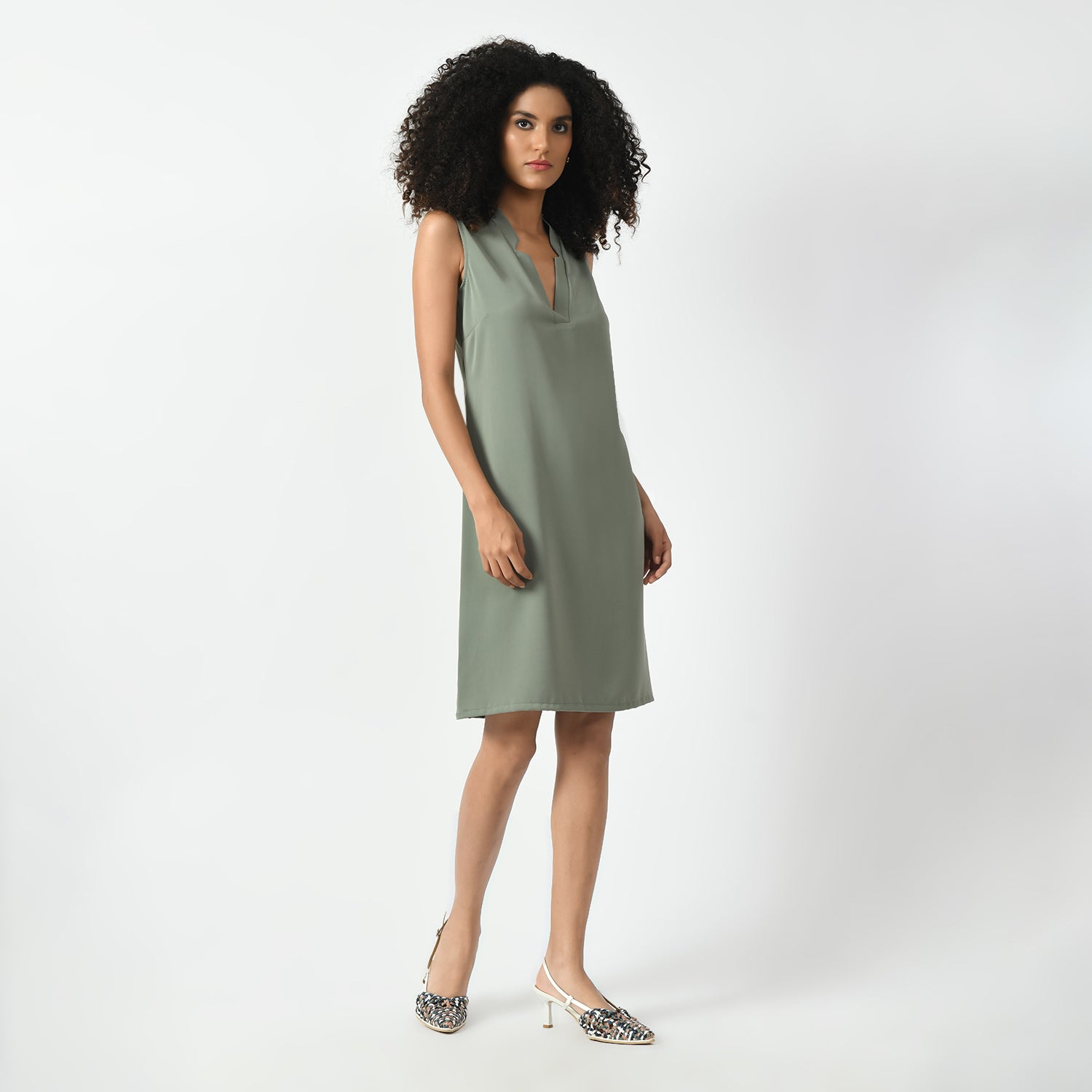 Office Wear Dusty Green Sleeveless V Neck Dresses for Women-2