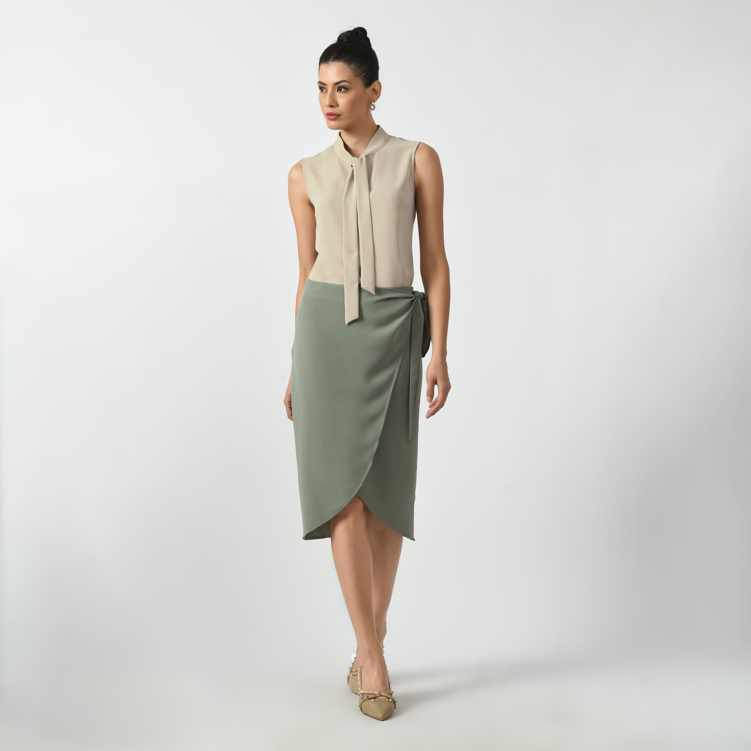 Dusty Green Overlap Skirt With Tie Knot