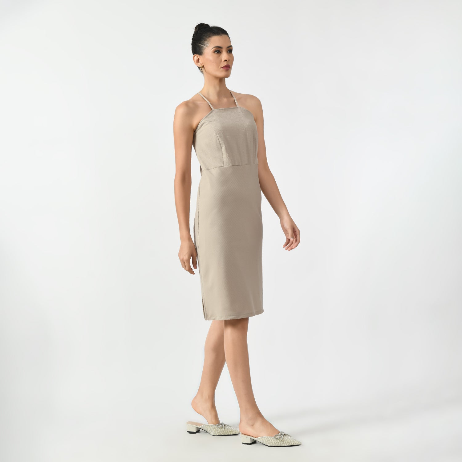 Beige Texture Halter Office Wear Dresses for Women-2