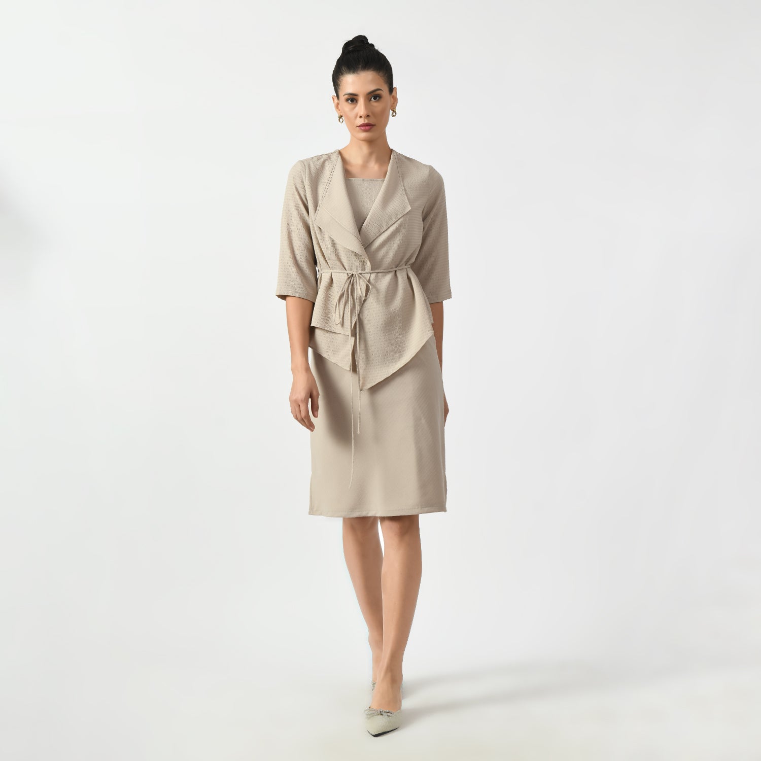 Beige Textured Wrap Jacket-6