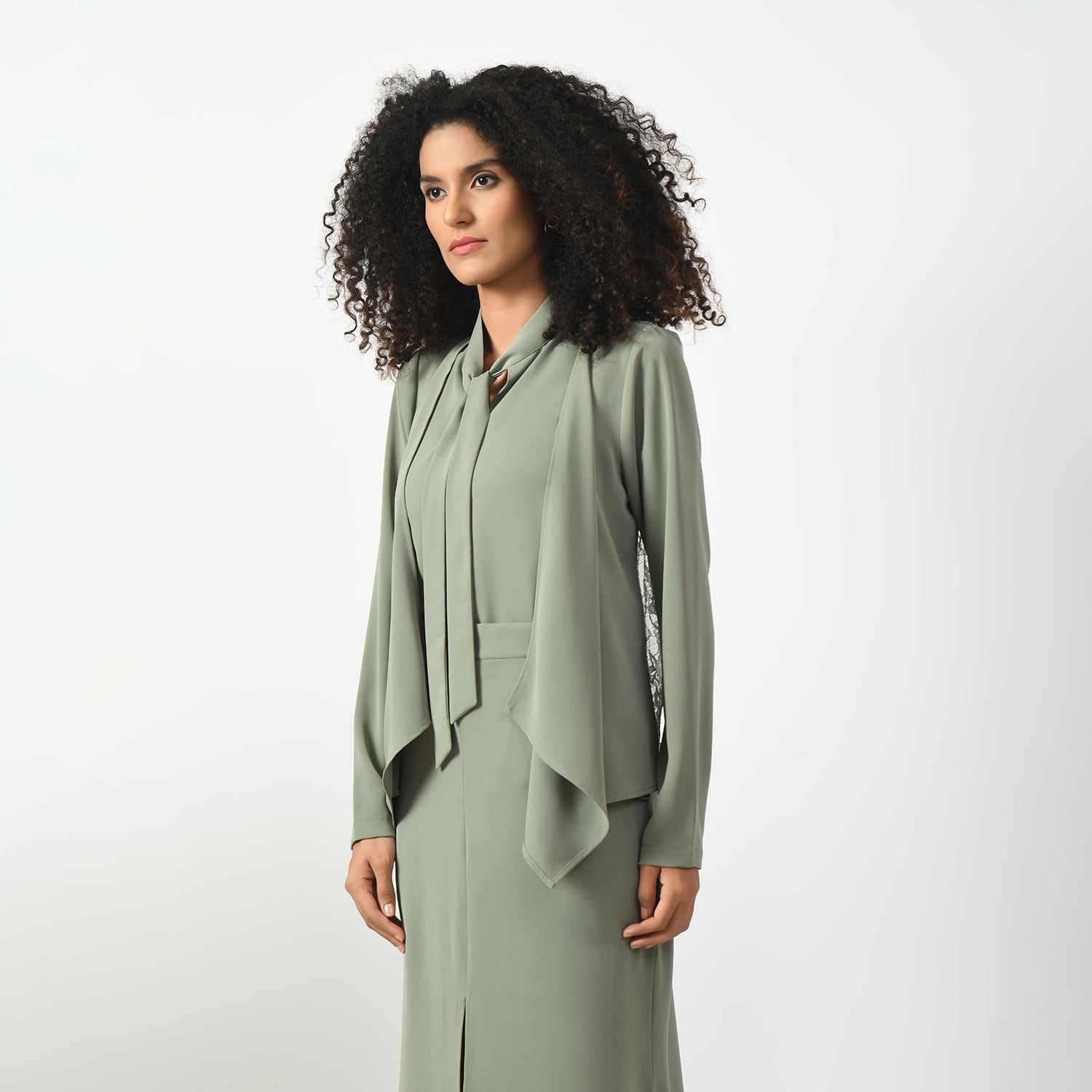 Dusty Green Asymmetrical Short Lace Jacket-1