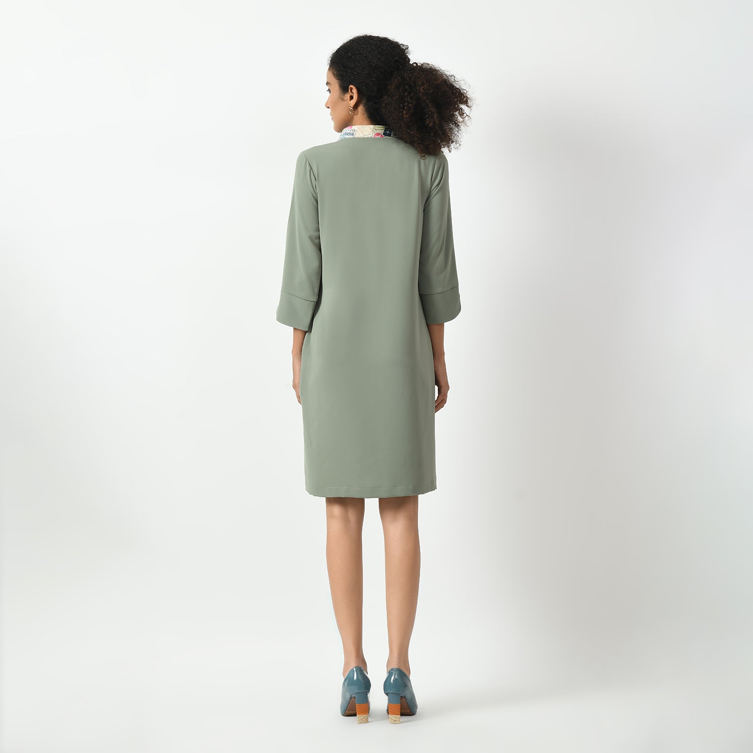 Dusty Green Dress With Tie Knot Collar