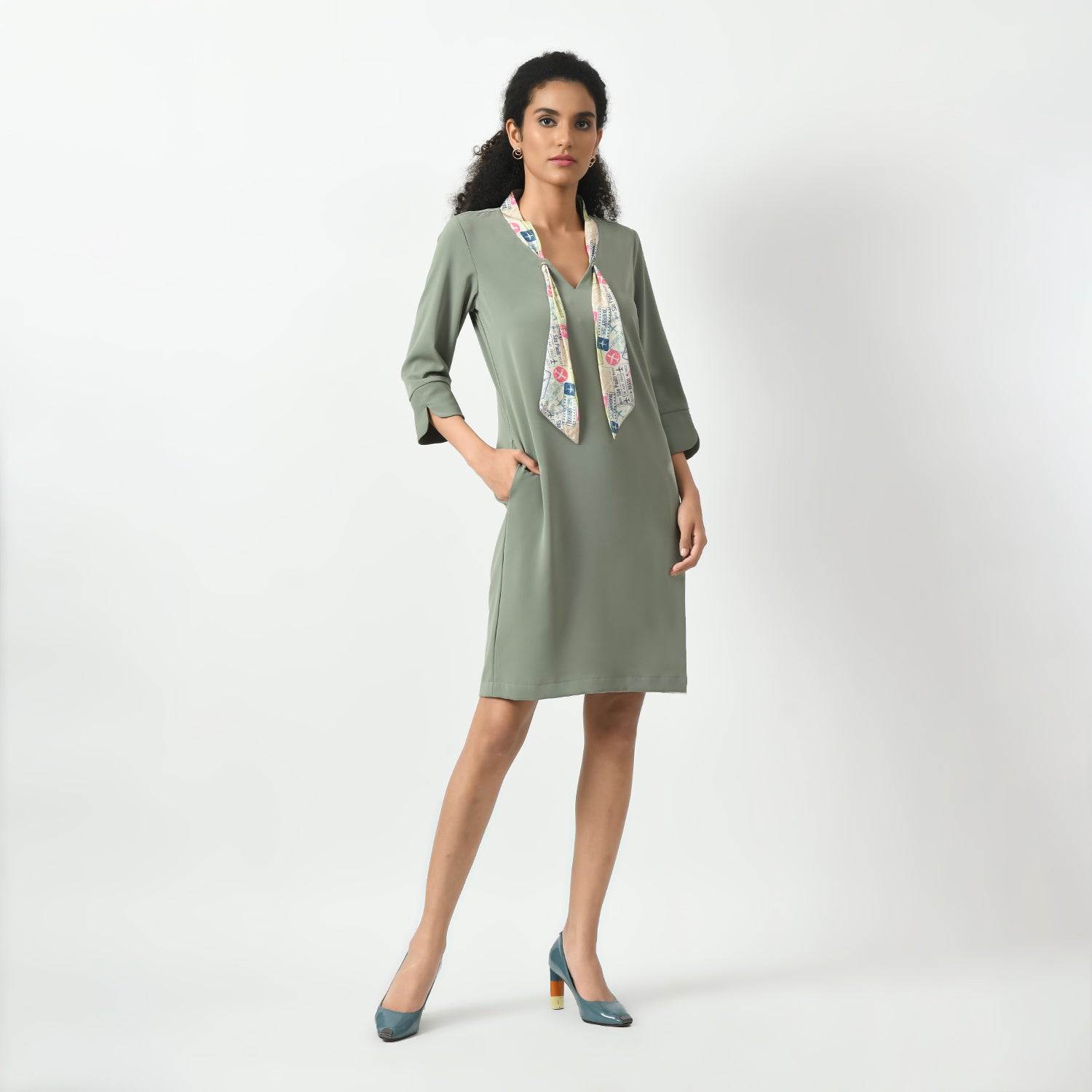 Dusty Green Dress With Tie Knot Collar